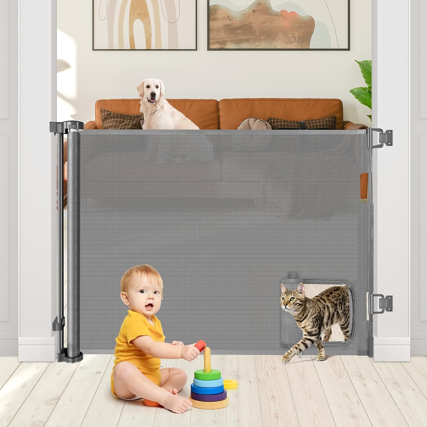 Retractable Dog Gate with Door 55" Wide Mesh Baby Gate with