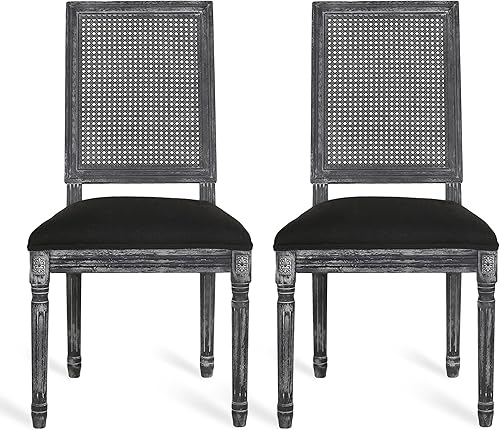 Dining Chairs Set of 2, French Country Style Table & Chair Sets with Rubberwood Frame, Upholstered Seats and Cane Backrest for Dining Room, Kitchen,