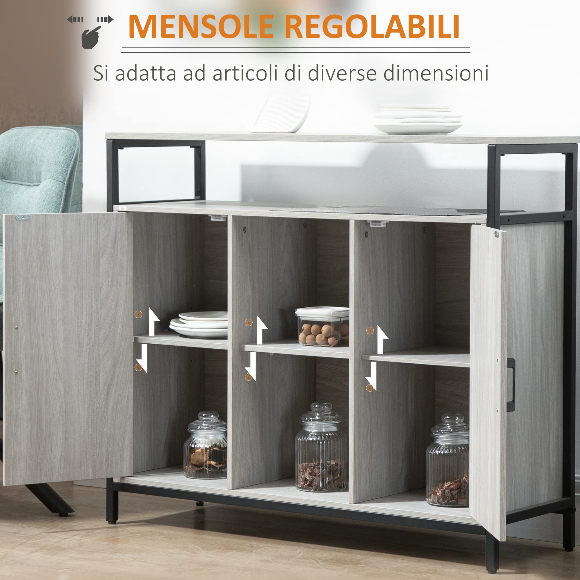 HOMCOM Credenza Moderna in Legno Mobile Cucina 100x34x87.2cm Grigio Chiaro | 2 Armadietti e Ripiani, per Ingresso