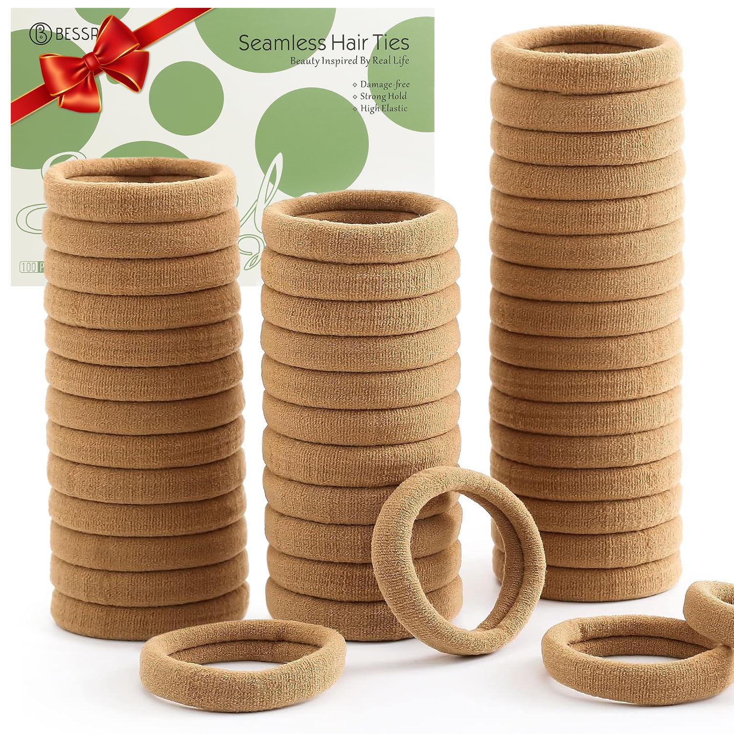 Bessrung 100 Pcs Thick Seamless Brown Hair Ties, Ponytail Holders Hair Accessories No Damage for Thick Hair