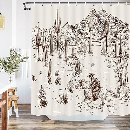 Cortina de ducha de vaquero occidental, cortinas de ducha de tela de cactus del desierto salvaje oeste americano para baño, juego de cortina de