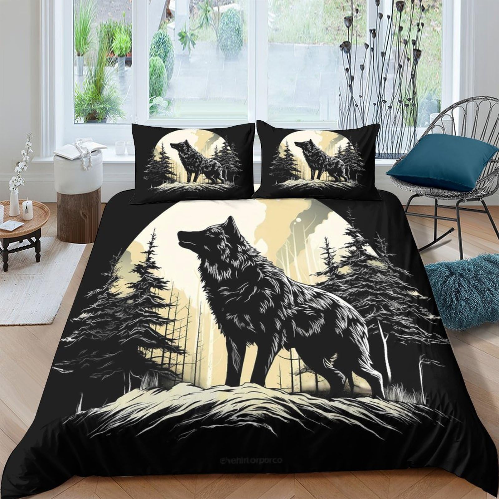 Ctjqhvkz Style-8 3D Printed Wolf Forest Fitted Sheet Microfiber Black Moon Mattress Cover For Bedroom Guest Room Dustproof Washable Decor Single（135X200cm）