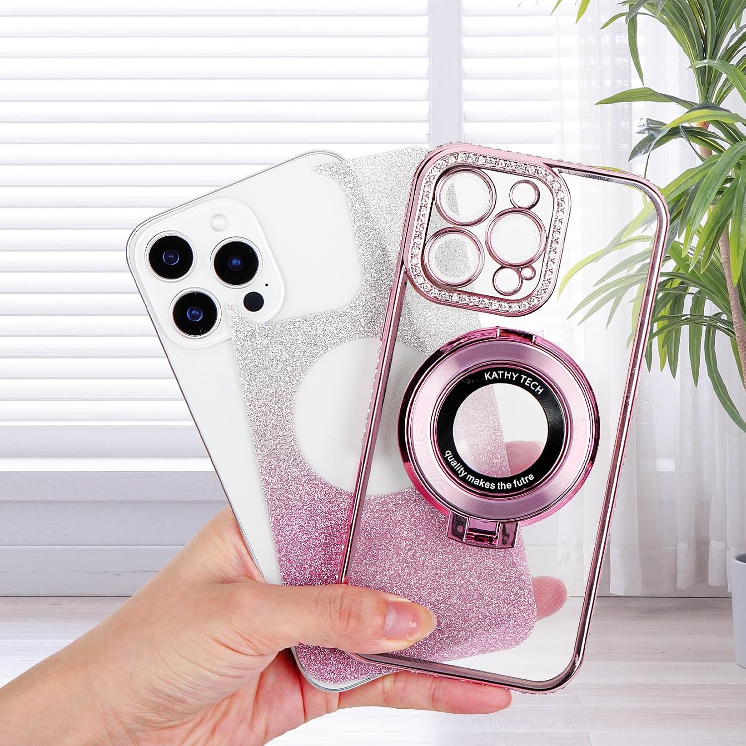 for iPhone 17 Pro Max Magnetic Kickstand Bling Case,Camera Lens Protector Luxury Electroplated Diamond Glitter Women Girls Kids Soft TPU Cover Case for iPhone 17 Pro Max 6.9 inch,Pink image 4