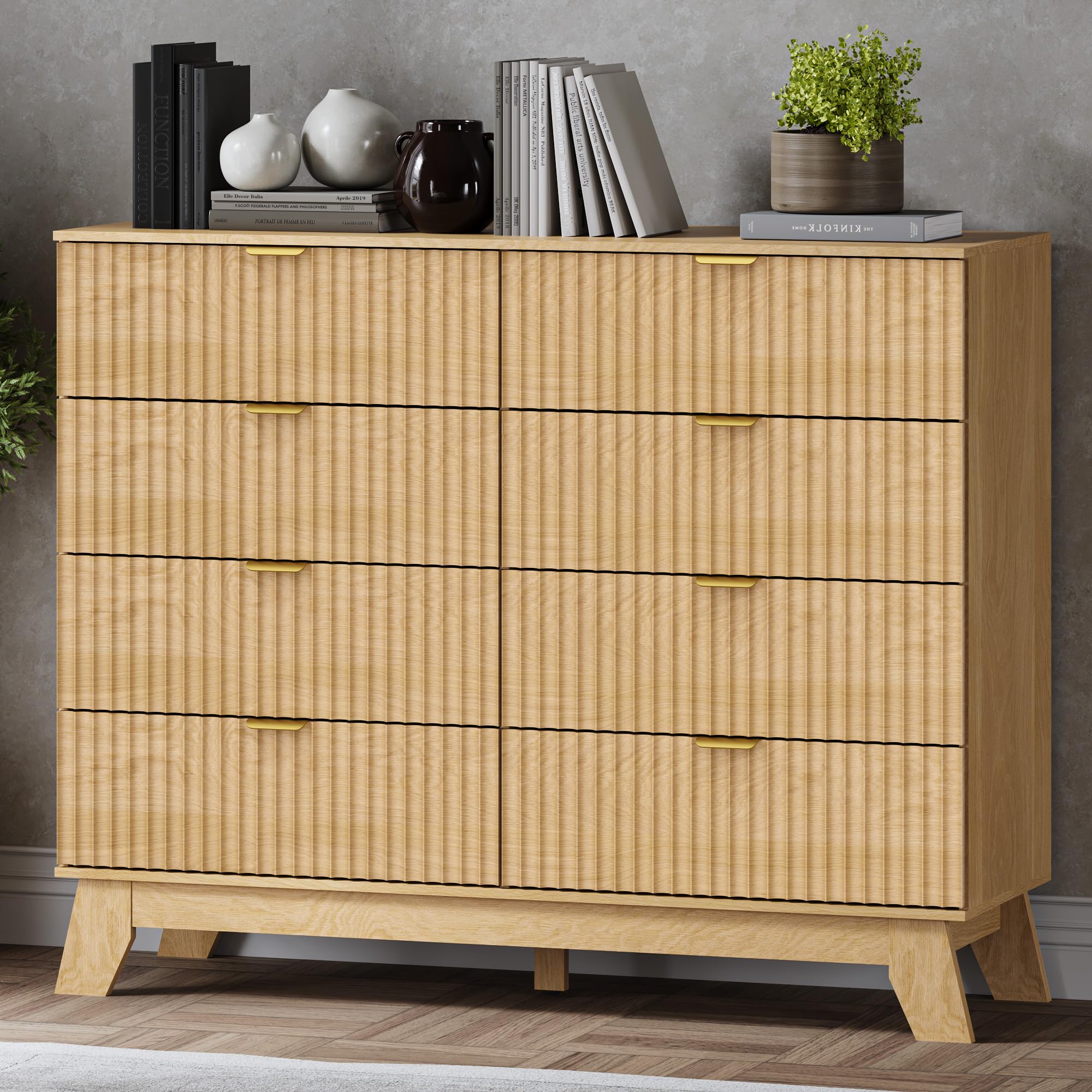 BORNOON Fluted 8 Drawer Tall Dresser, 47.2" Wide Modern Boho Chest of Drawers, Wooden Storage Dresser TV Stand for Bedroom, Living Room, Closet, Hallway, Curved Profile Design