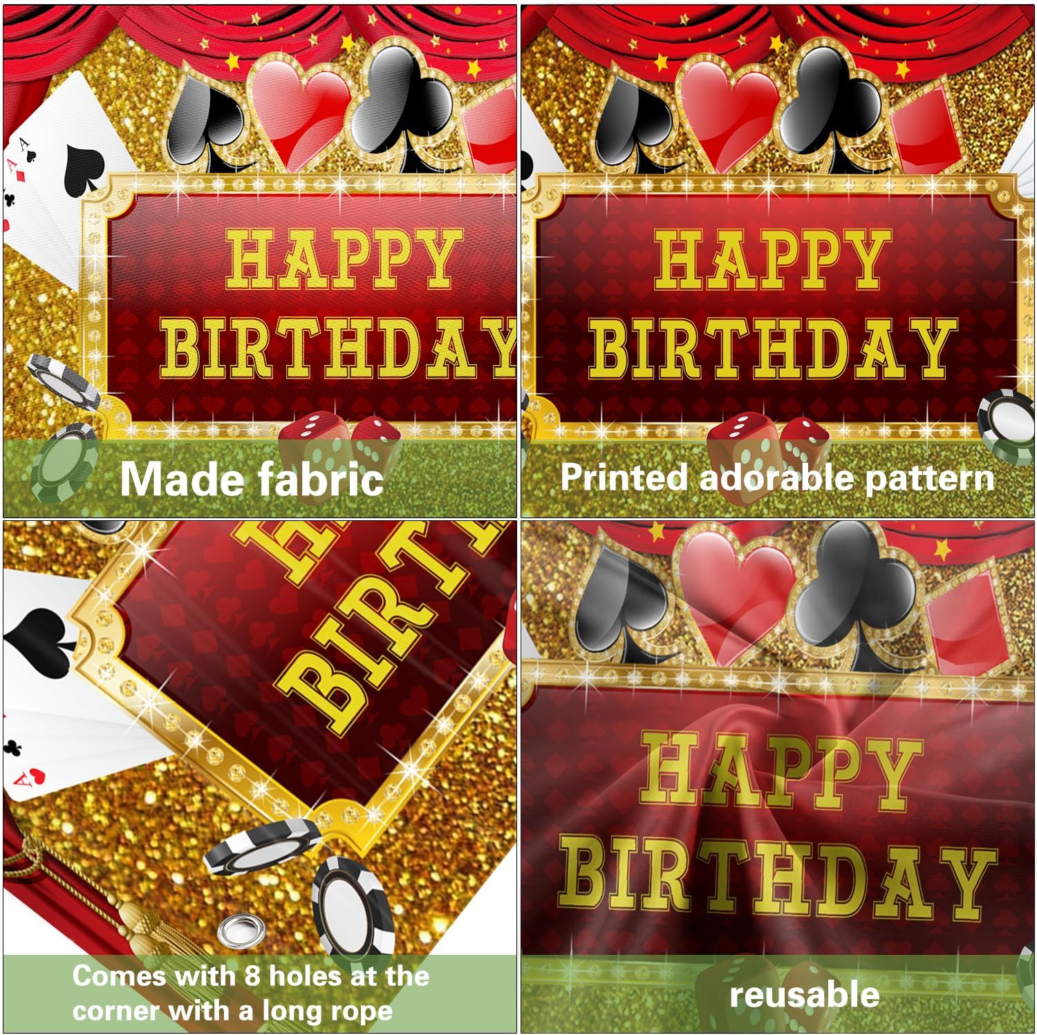 7X16ft Las Vegas Casino Birthday Banner Gold Glitter Red Curtain Dice Winner Poker Cards Happy Birthday Casino Night Theme Party Background Banner Garage Door Decoration Background Cover