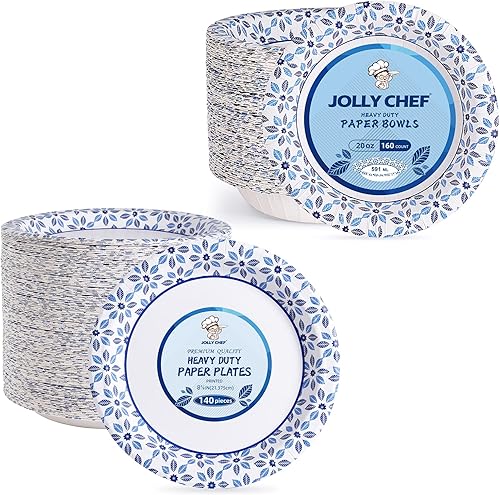 JOLLY CHEF Platos de papel de 8.37 pulgadas, 140 unidades y 160 cuencos de papel de 20 onzas