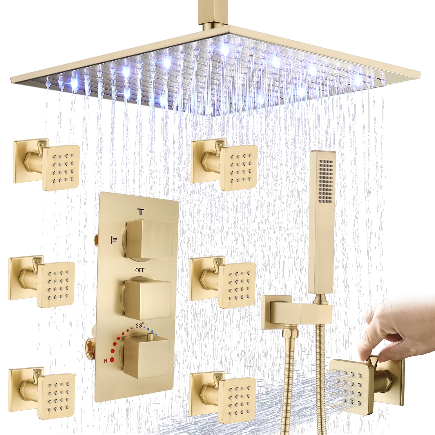 HOMEDEC 16inch Ceiling Rain Shower System with on/off Full Body Jets, Brushed Gold Luxury LED Rainfall Shower Faucet Set with Thermostatic 3 Ways Valve and Handheld