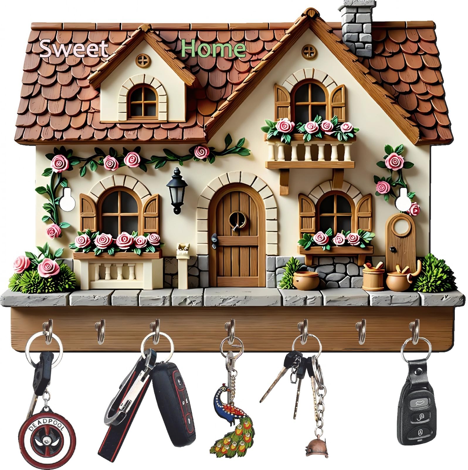 Sanvatsar Sweet Home Key Holder Wall Mount, Decorative House Design with Hooks, Floral Cottage Theme (Home Desgin Beige)-image-8