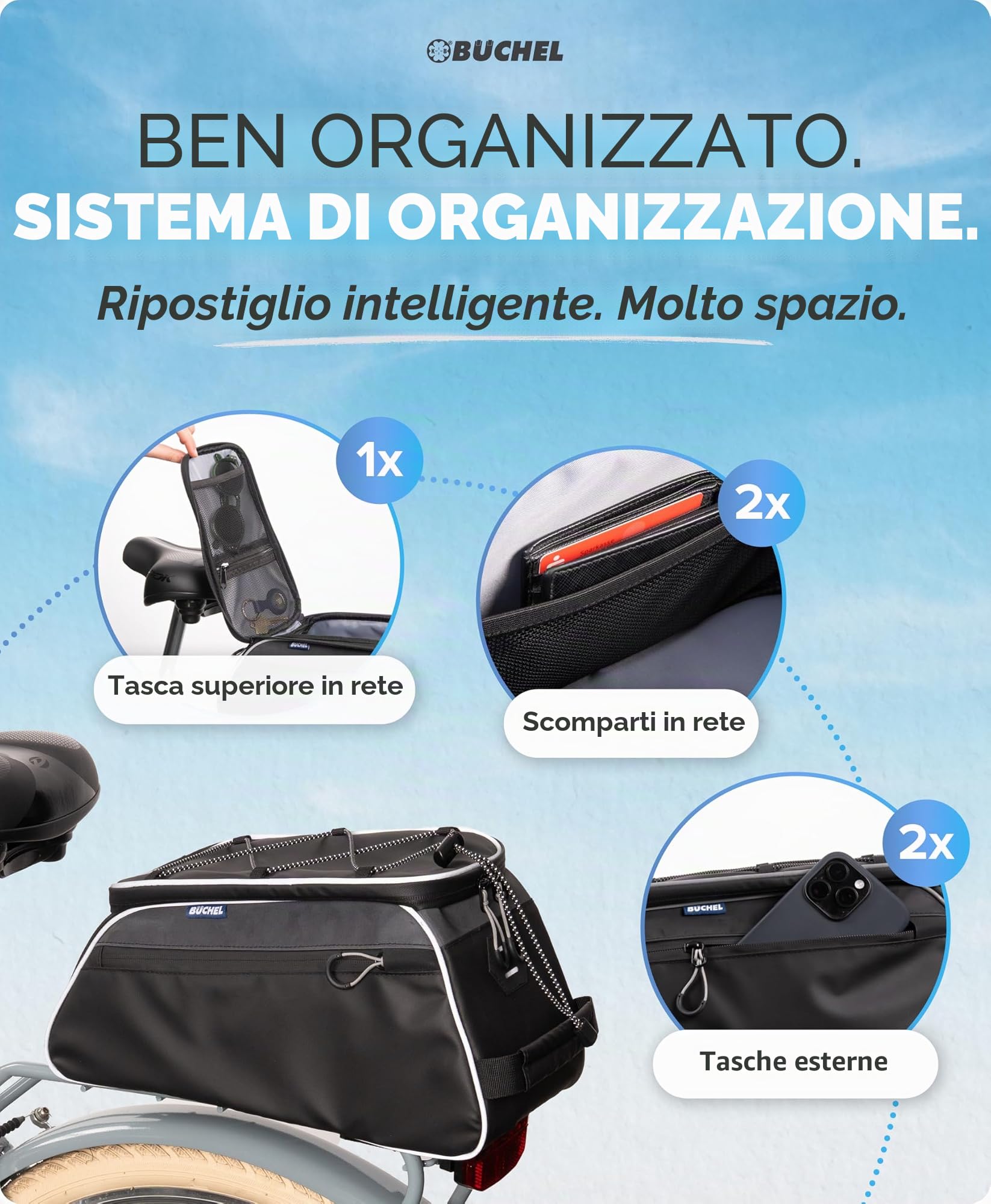 Büchel Borsa da bicicletta per portapacchi, impermeabile e riflettente, con copertura antipioggia, borsa per portapacchi compatta con vano portaoggetti per bici elettriche