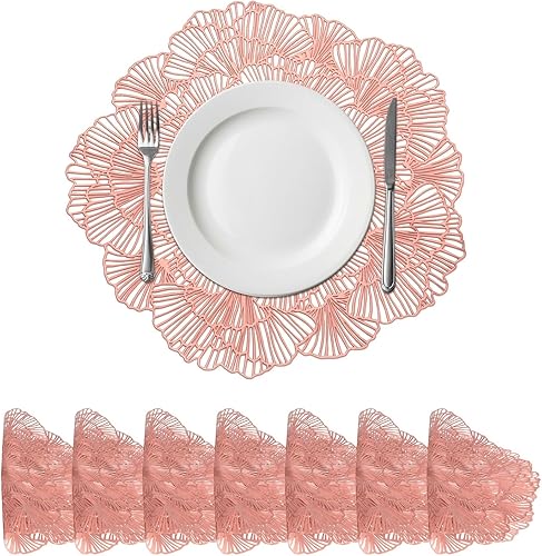 Miniatura 14 de uxcell Juego de 6 manteles individuales redondos de flores rosas para mesas de cena, manteles individuales metálicos de polivinilo prensado,