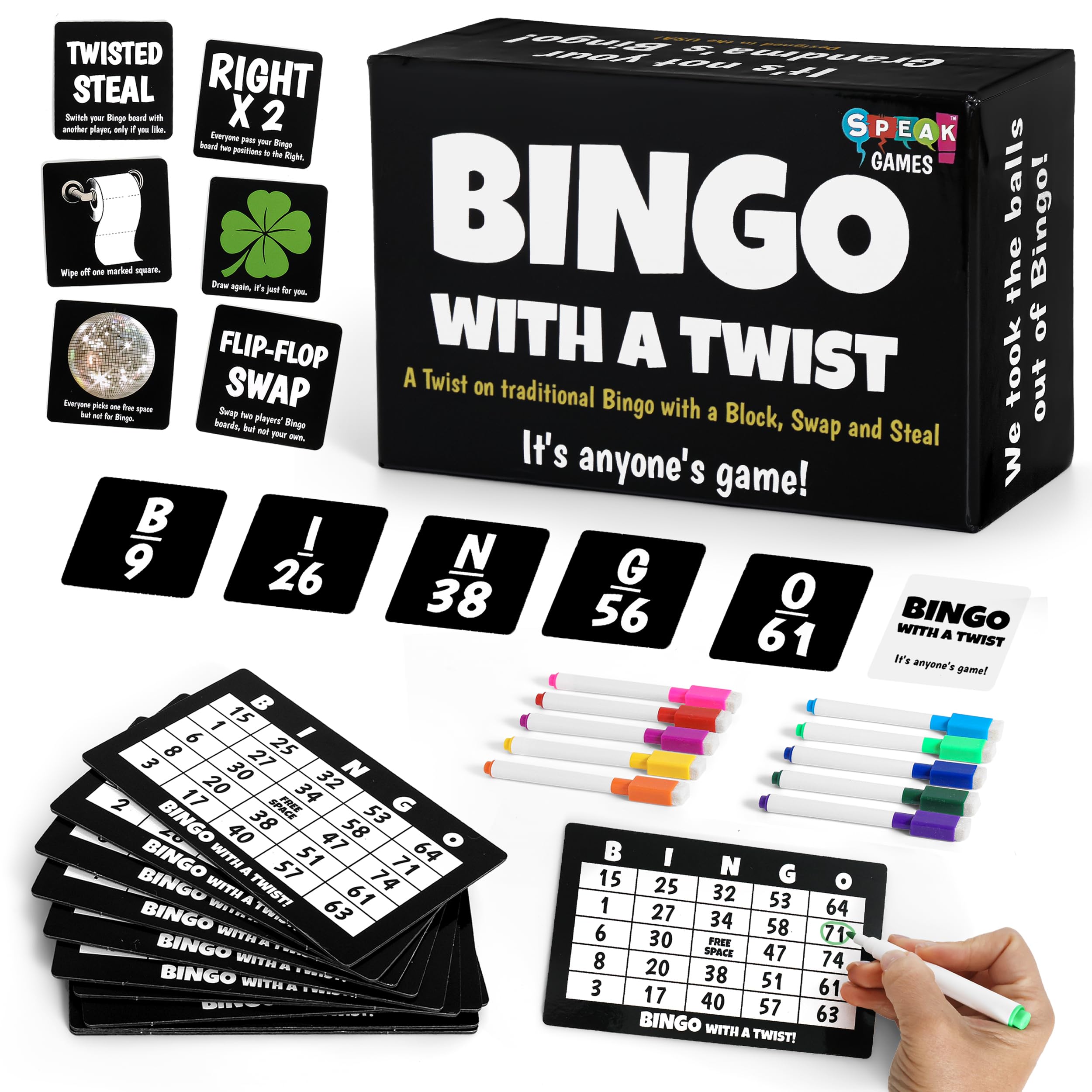 Bingo with a Twist Party Game, Bingo with Action Cards, Fun Twist, Action Cards with a Block, Swap, and Steal, no More Balls, It's Anyone's Game!