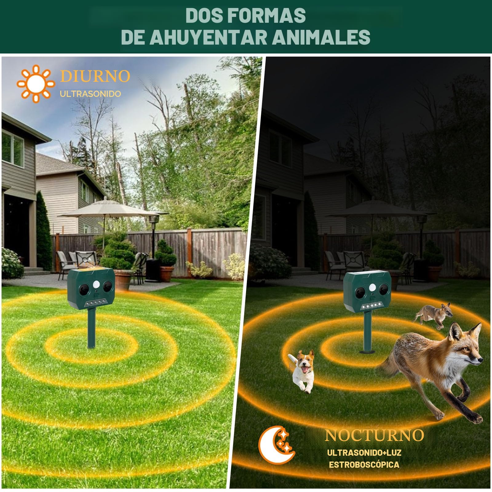2 Piezas Ahuyentador de Gatos Exterior, Ultrasónico Repelente de Zorros Solar Potente con Luz LED, 12m 120° IP45 Impermeable Aullentador de Animales para Gatos Martas Mapaches Perros