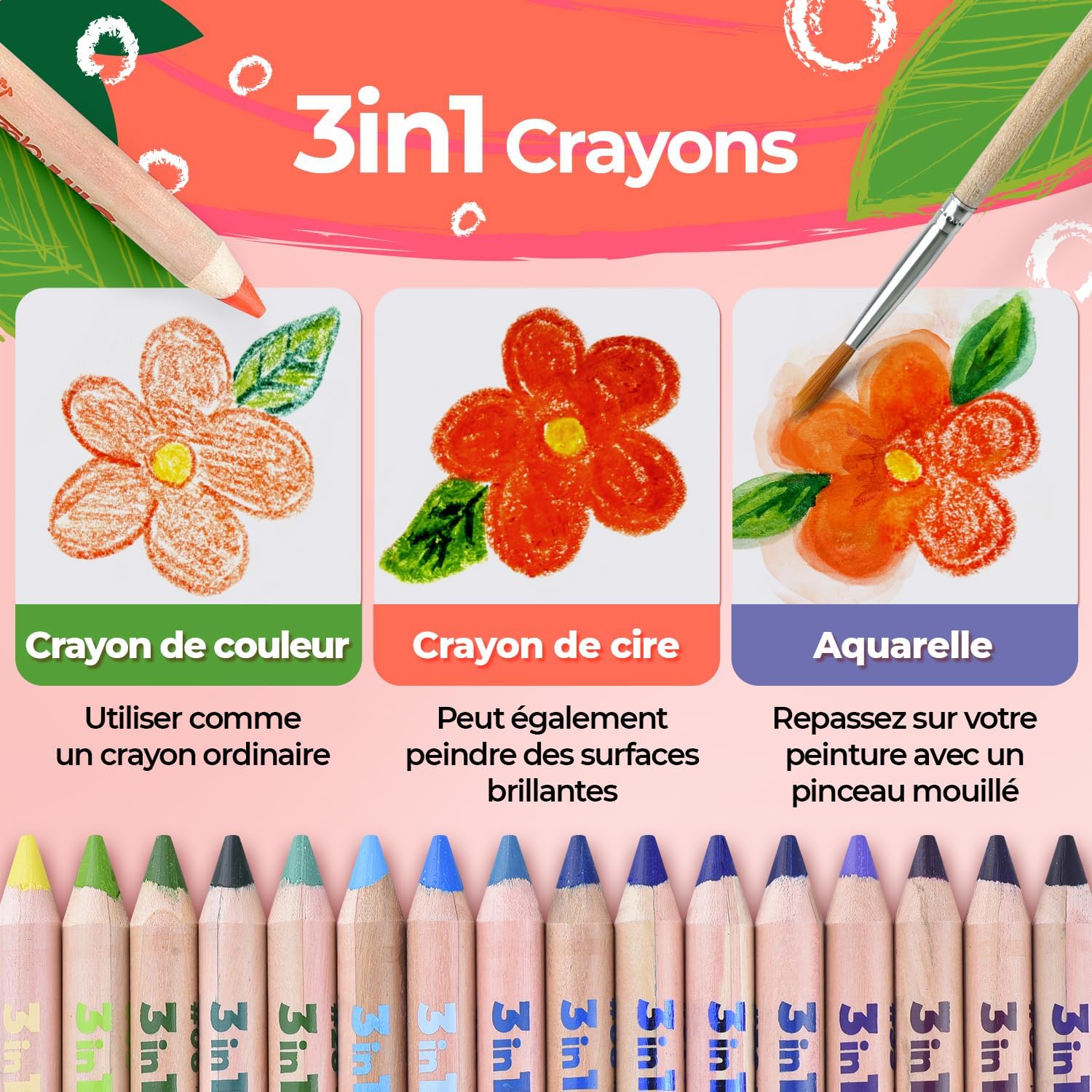 Gecko 3-in-1 Kids' Pencil Set | 48 Coloring Pencils with 2 Brushes, Sharpener, and Book for Ages 3 and Up | Ideal for Drawing, Pencil-Crayons, and Sets for Children