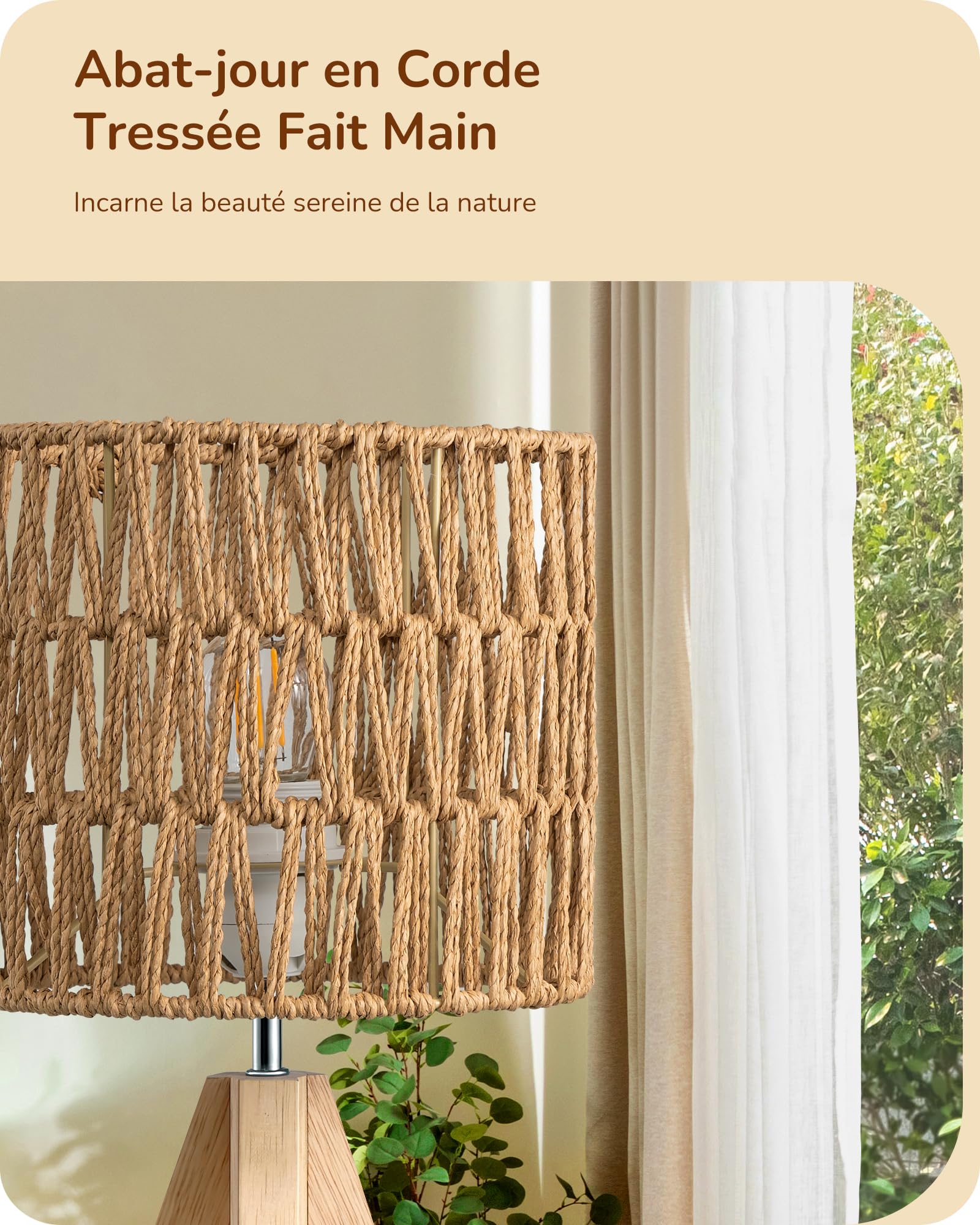 EDISHINE Lampe de Chevet Trépied en Bois Massif, E27 Ampoule de 2700K 4W Incluse, Abat-jour en Corde Tissée à la Main, 20 x 20 x 36 cm, Lampe de Table Moderne pour Chambre, Salon, Hôtel