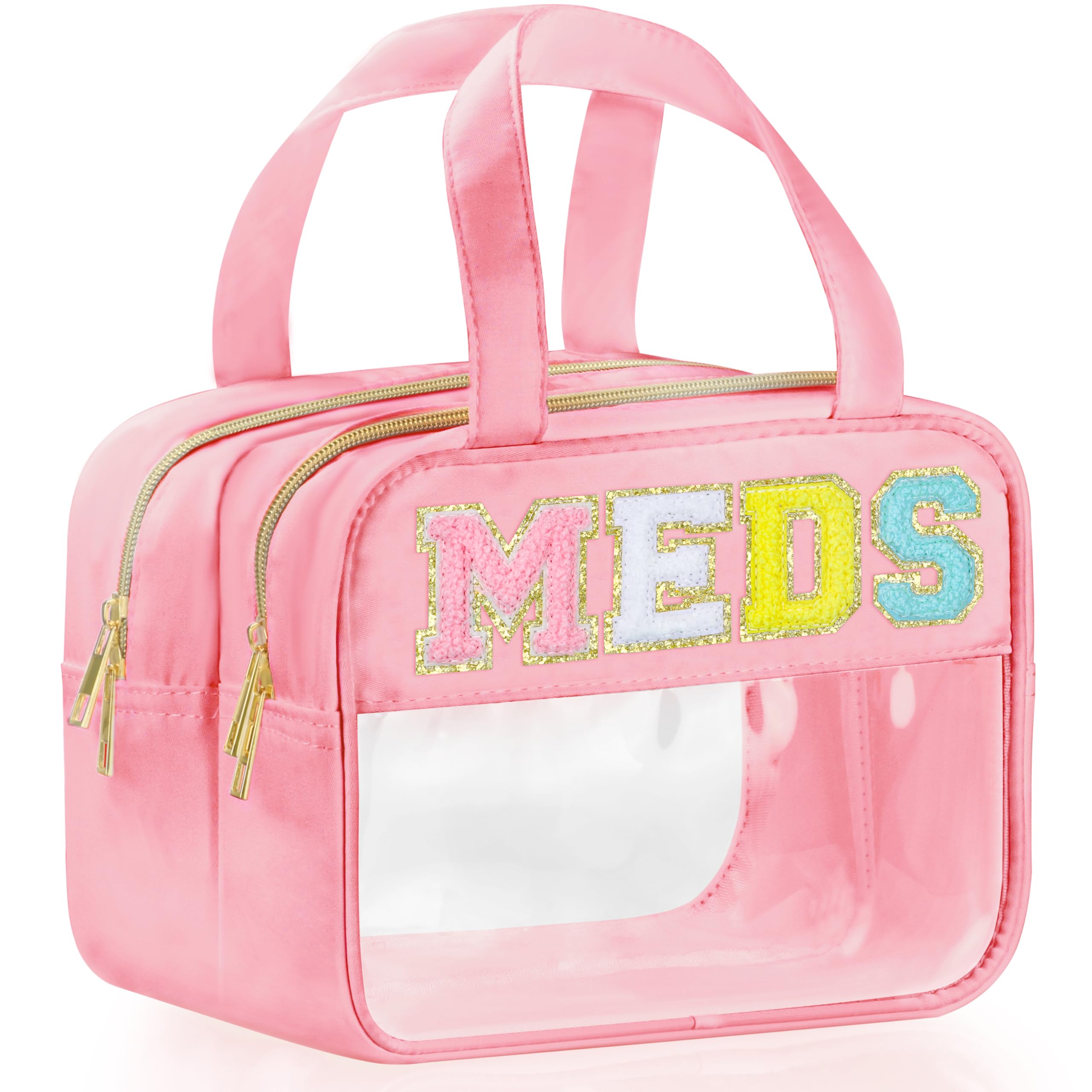 BuyCard Chenille Letter Clear Medicine Makeup Bag for Travel, Preppy Patch Nylon Cosmetic Meds Pouch with Handles and Zipper, Waterproof Large Travel