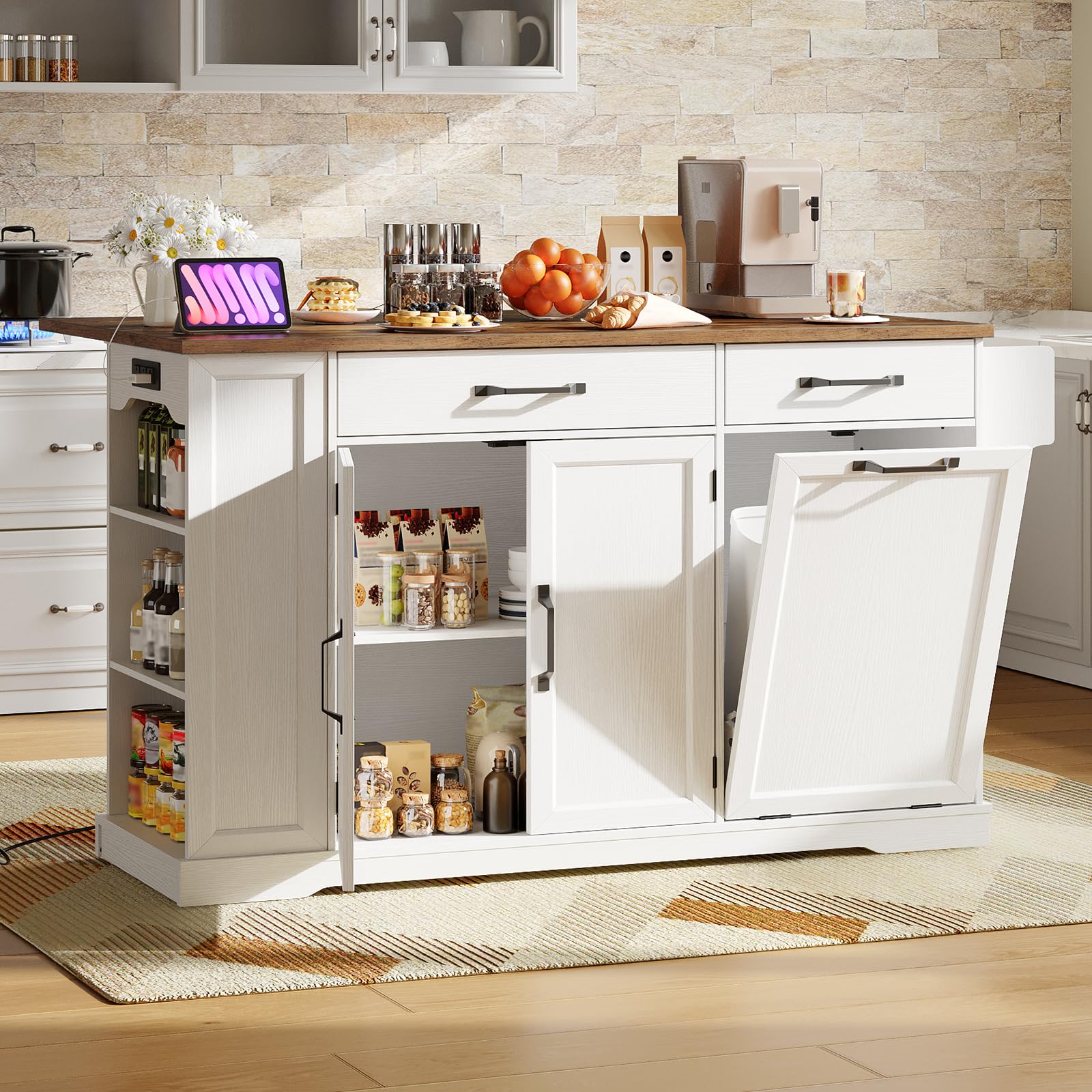 RALGEND Kitchen Island with drop leaf extended and stools, showing it used as a dining table.