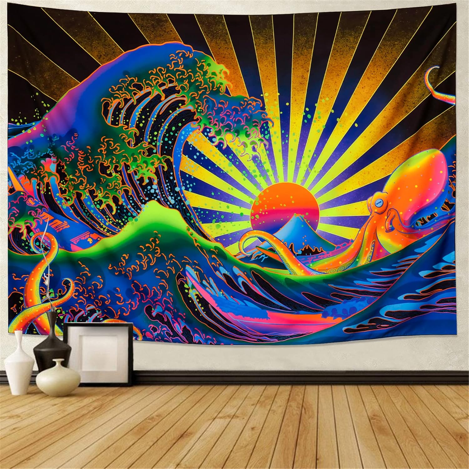 Maccyafst Blacklight Tapestry Great Wave Tapestry UV Reactive Japanese Kanagawa Sunset Tapestries Vintage Ocean Wave Octopus Wall Hanging for Bedroom Backdrop