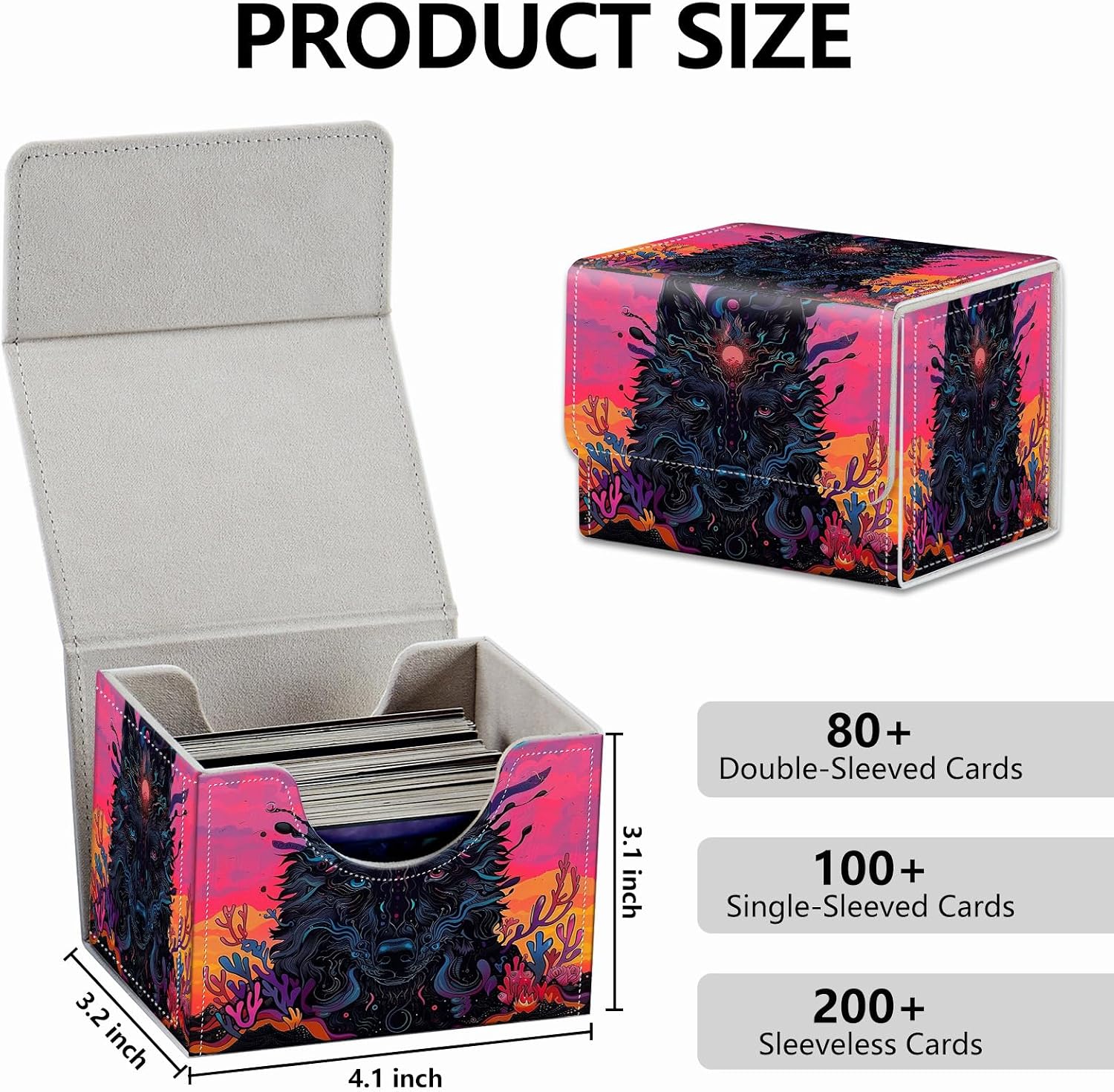 Strong Magnet Case Mtg Deck Box Tcg Up to 200 Cards Creative Pattern Trading Card Storage Box for Collectible Card Games, A Black Wolf With Two Eyes image 2