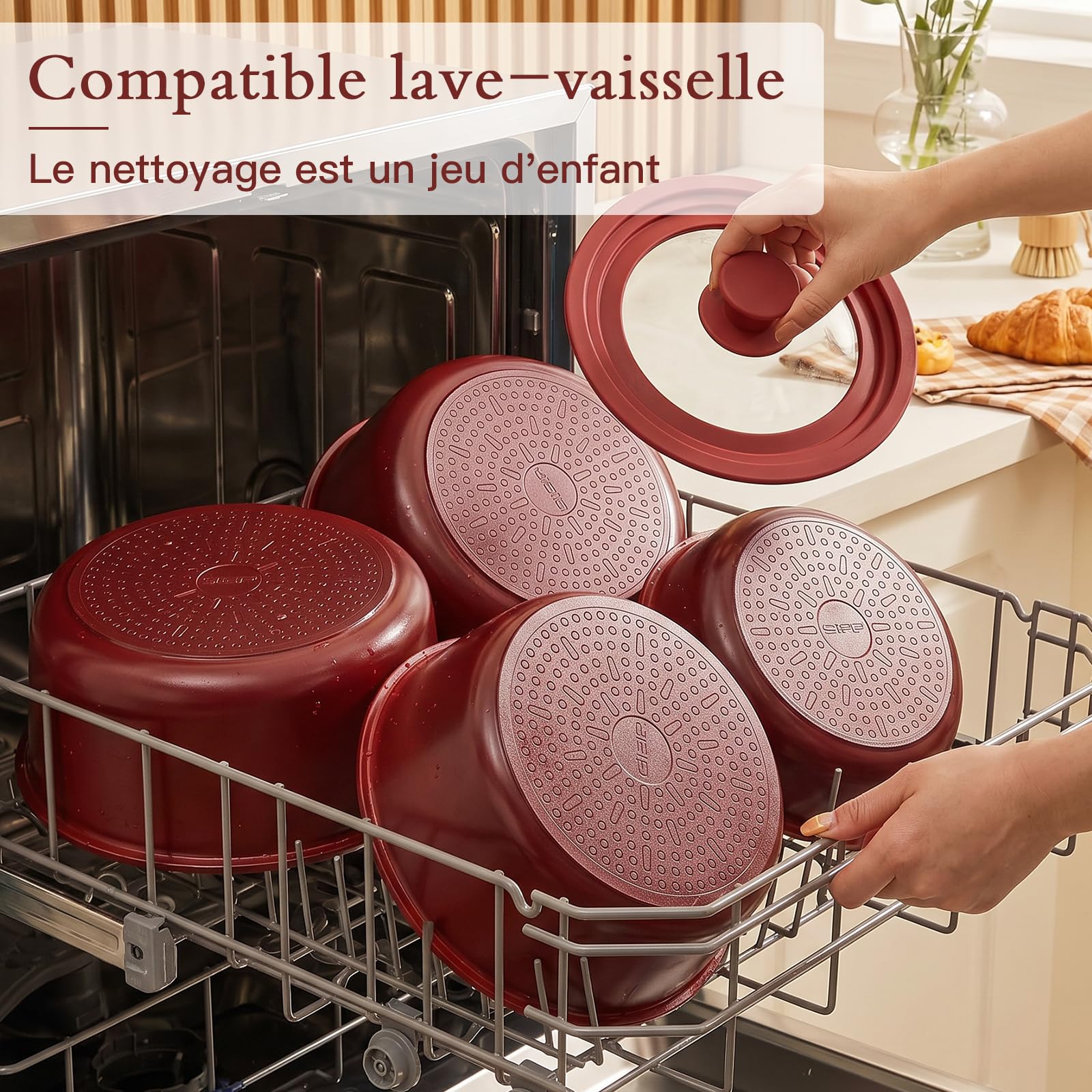 GiPP 21 PièCes Batteries Cuisine Antiadhésive Non Toxique, Poignée Amovible | Poele Induction Tout Feux, Robuste et Facile à Nettoyer, Compatible Lave-vaisselle et Fours, Pot de Camping Empilable, Rouge