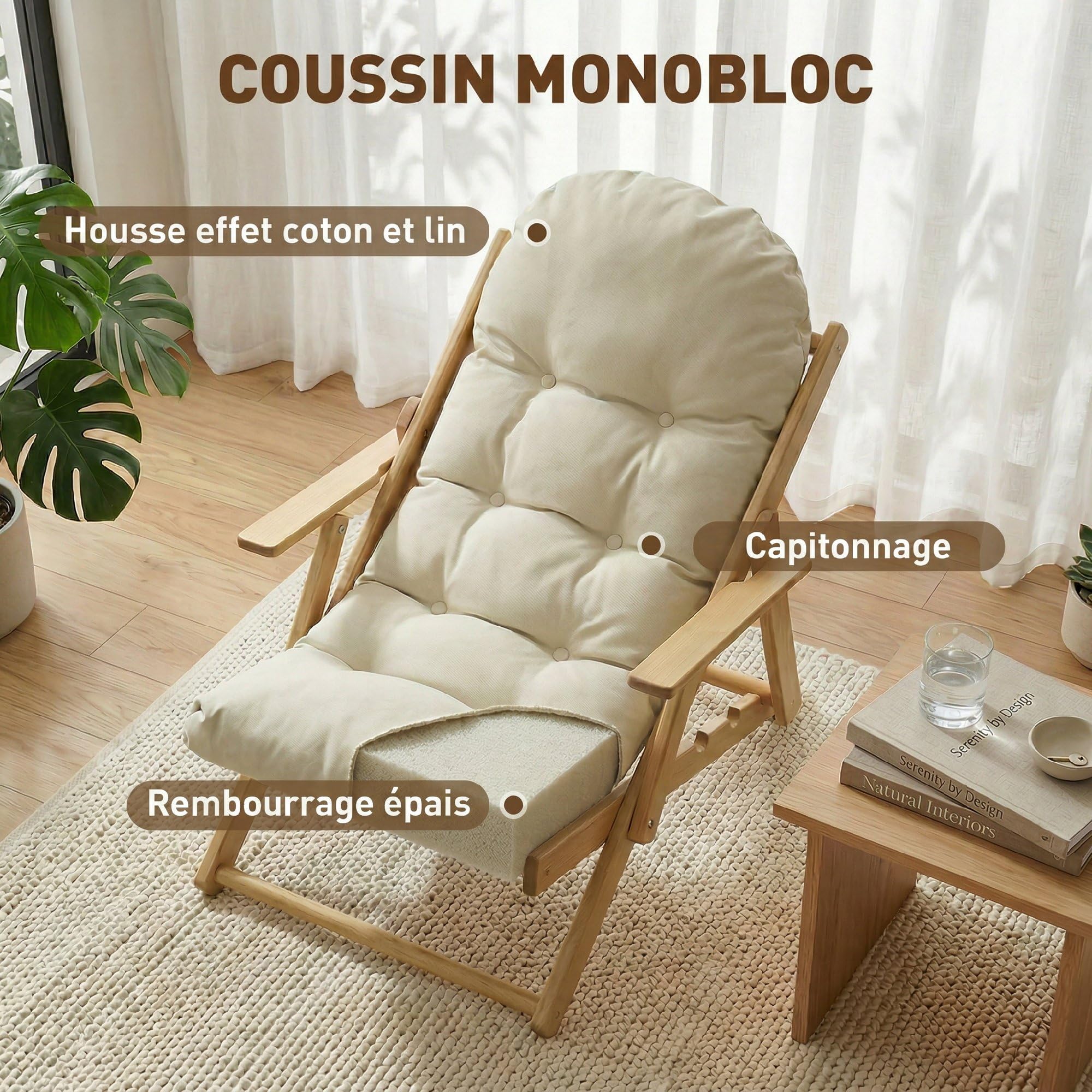 HOMCOM Fauteuil Chaise de Salon Pliable et inclinable en Bois Fauteuil Relax Confortable avec Coussin capitonné épais - 71 x 89 x 96 cm crème