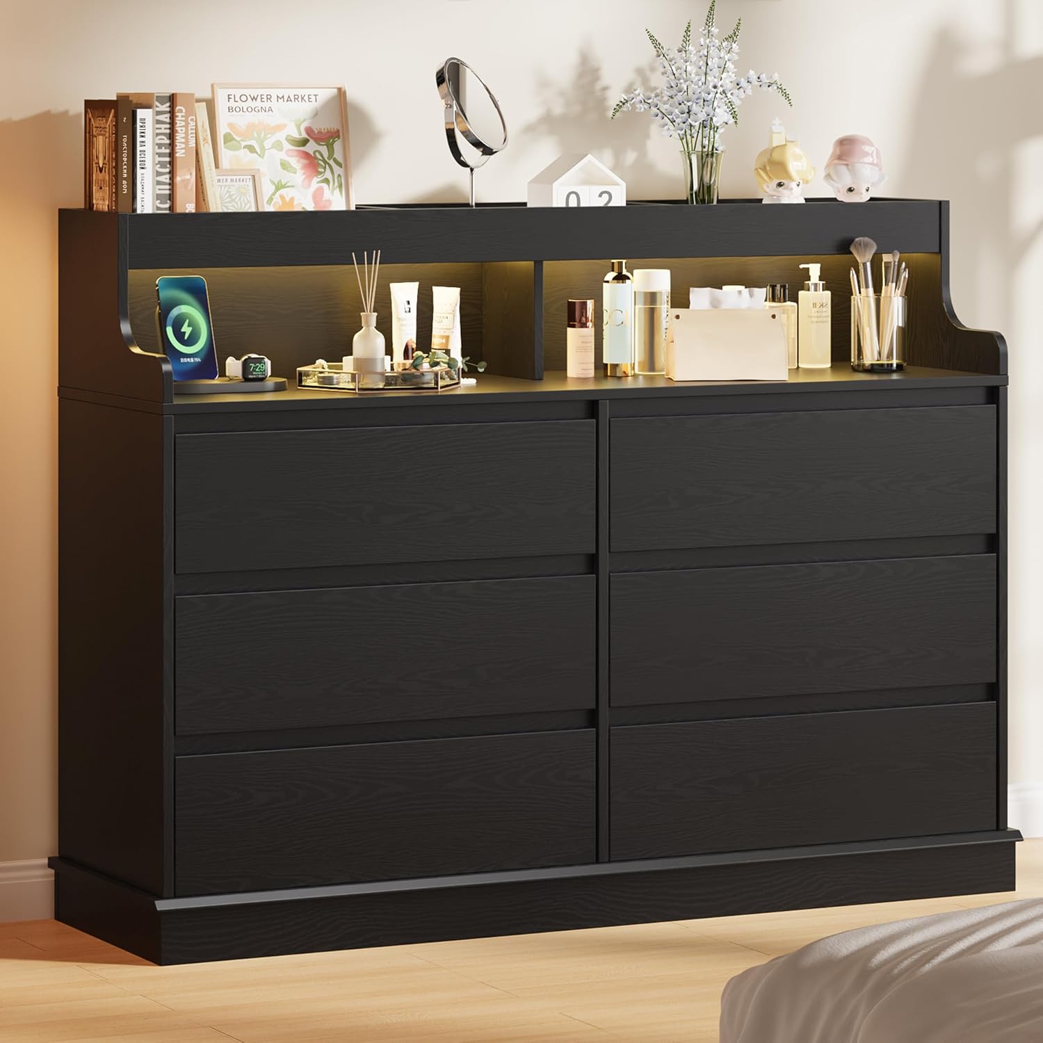 dresser for bedroom, 6 drawer dresser with led lights and charging station, wide chest of 6 drawers with open space, modern large capacity storage cabinet, living room, hallway, black