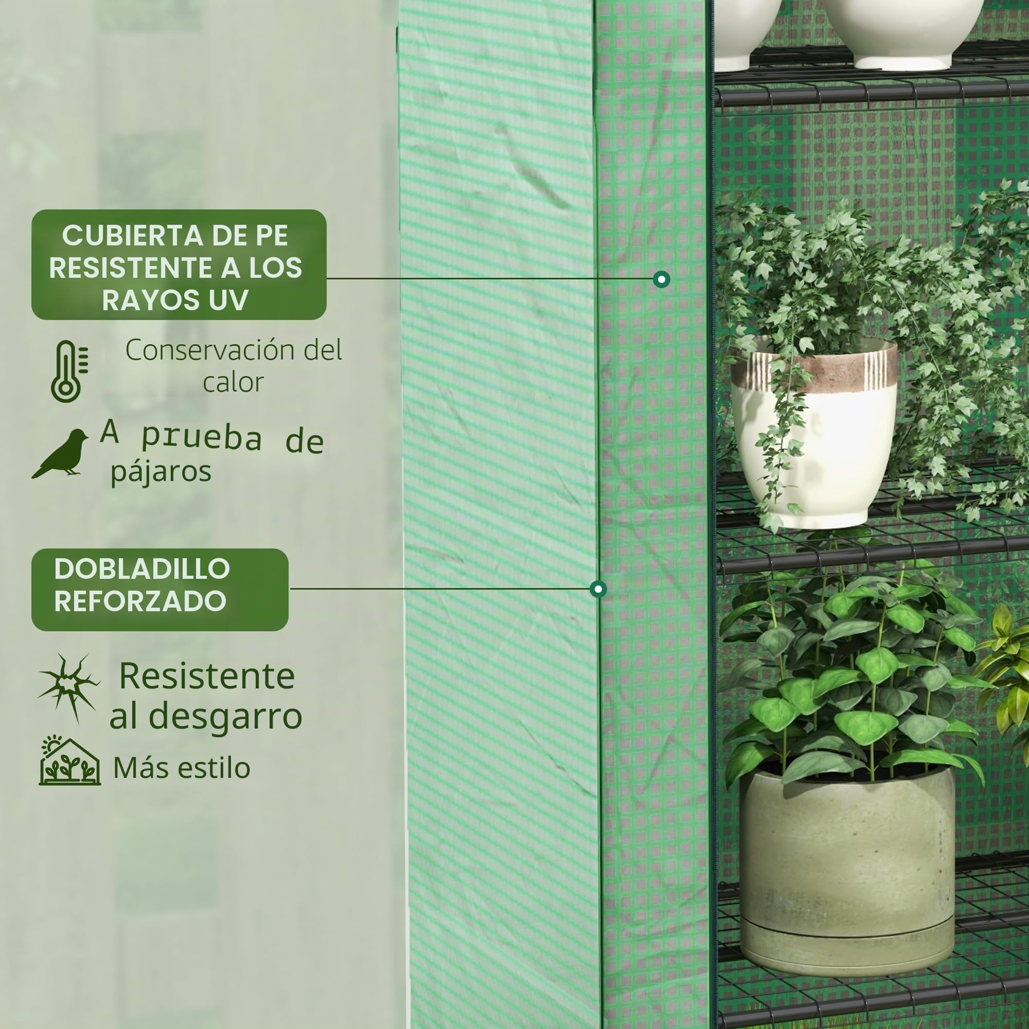 Outsunny Invernadero 4 Niveles PE Reforzado 170x120x50 cm Verde | Invernadero portátil, puerta enrollable, estanterías de alambre