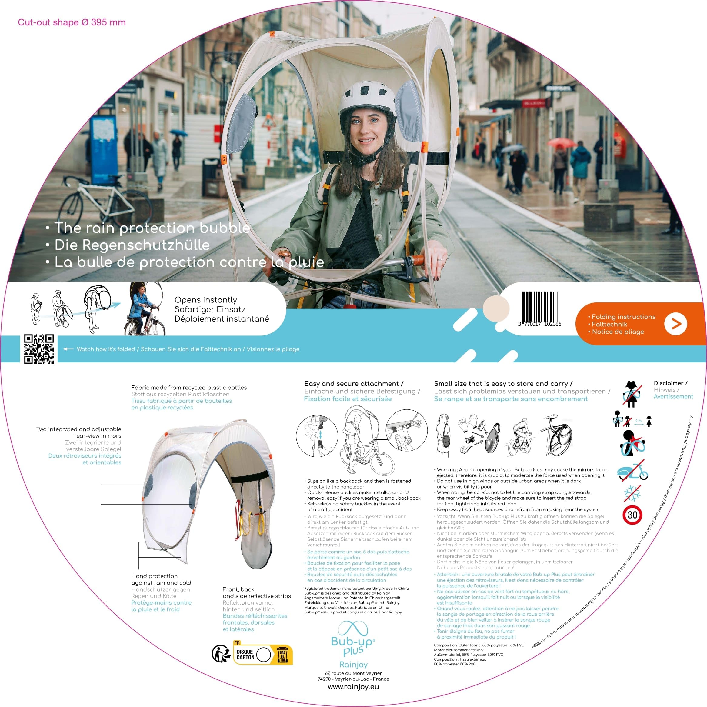 Bub-up Plus La Protection Pluie vélo en Version Plus Qui remplace Le vêtement de Pluie (imperméable, Veste, Cape, Parka, Poncho…). Options complémentaires par Rapport à la Version Classique.