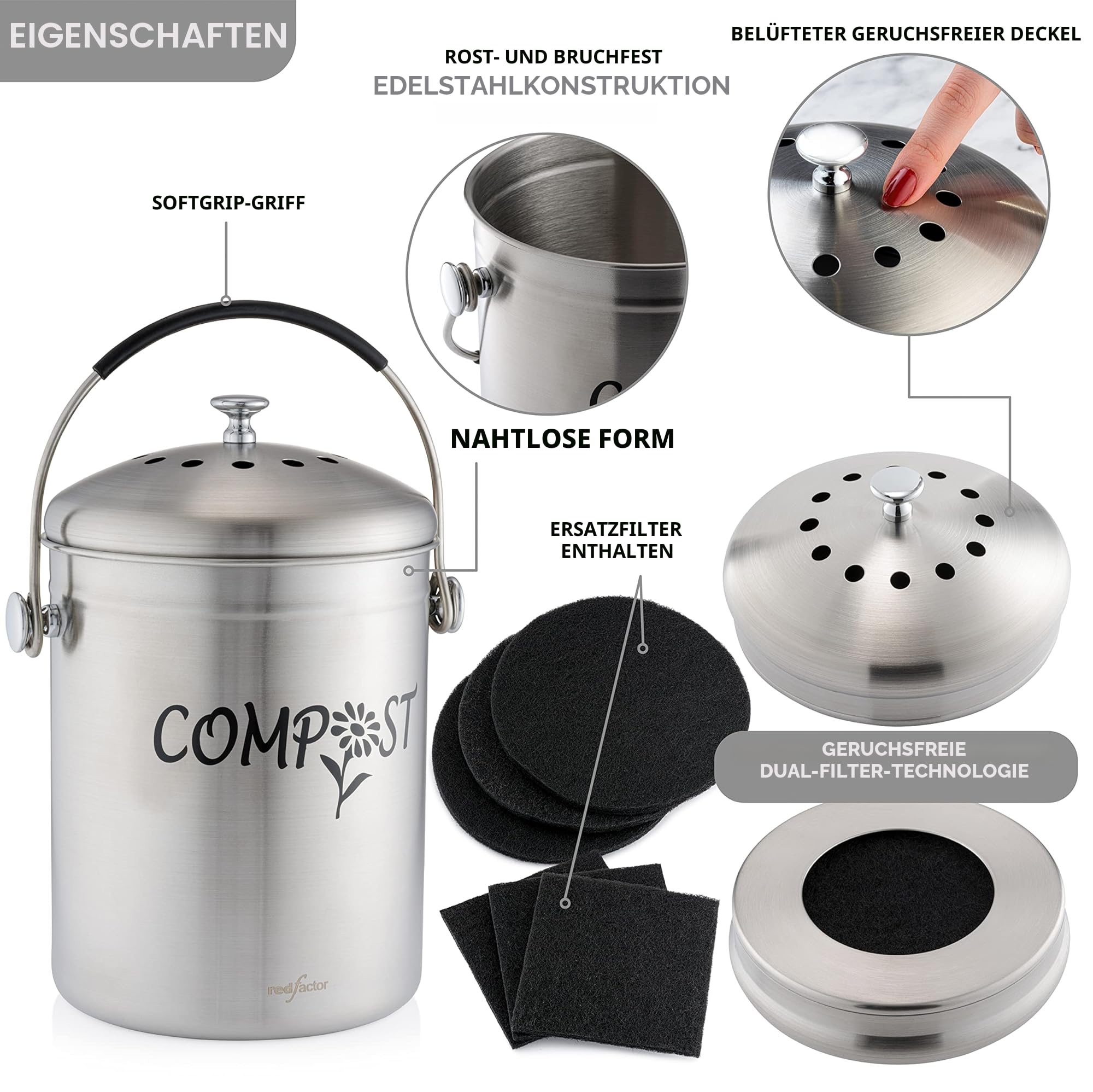 RED FACTOR Deluxe Kompostbehälter Küche Aus Edelstahl Geruchlos - Bio Mülleimer - Inklusive Kostenlosen Aktivkohlefiltern (Matt Designer, 5 Liter)