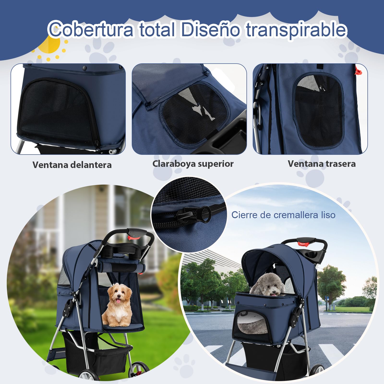 SOARS Carrito para Perros Plegable Cochecito para Perros de hasta 15 kg, Cochecito para Gatos con Ventanas de Malla, Portabebidas y Cesta de Almacenamiento, 4 Ruedas (Azul Oscuro)