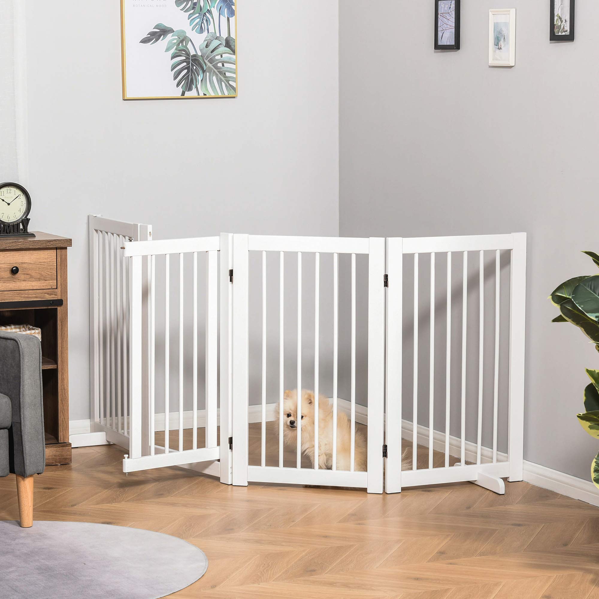 PawHut Barrera de Seguridad Perros de Madera Plegable 204x36x75 cm Blanco | para Escaleras y Puertas, Valla para Perros Pequeños y Medianos, 4 Paneles, con Soporte de Pie, para Interiores