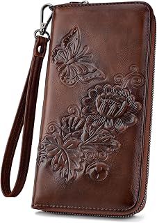 VIMUTI RFID Blocking Women's Vegan Leather Wallet - Embossed Floral Large Capacity Wristlet with 15 Card Slots