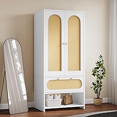 DWVO Natural Rattan Armoire Storage Cabinet, 70" Tall Rattan Armoire Closet with Doors, Large Wardrobe Cabinet with Storage Drawers & Hanging Rod, Bedroom Armoire, White