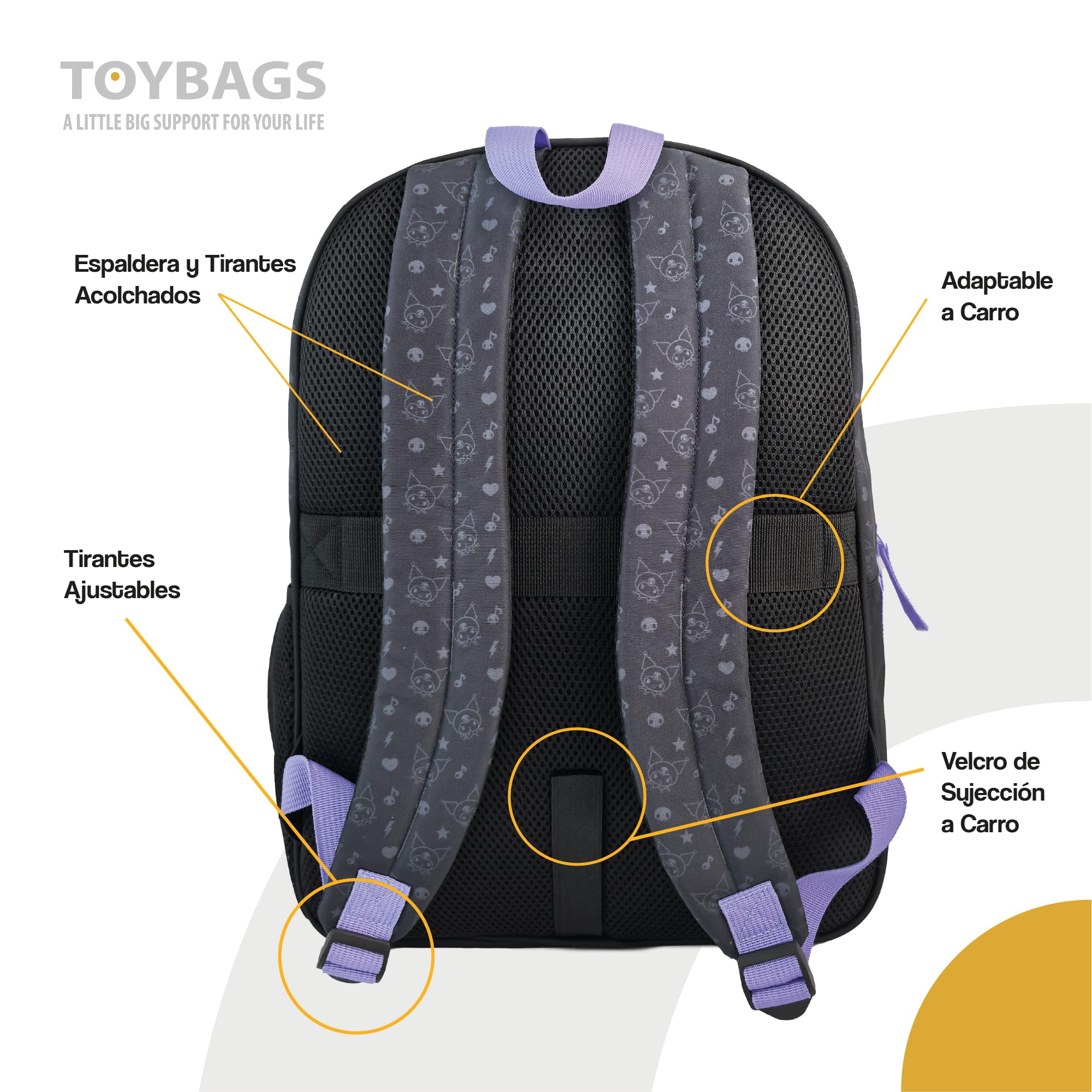 TOYBAGS Mochila Escolar Kuromi - Doble Compartimento - CON ACCESORIO POM-POM ADAPTABLE A CARRO - Compartimento portalaptop - Espaldera acolchada - 44 X 30 X 20 CM
