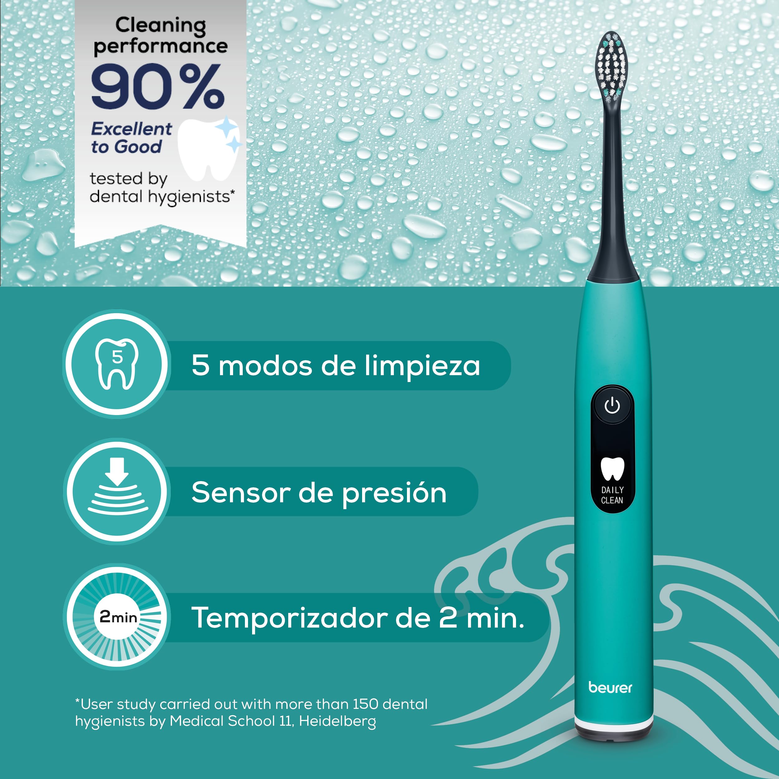 Beurer SC 50 Ocean Breeze Cepillo de dientes sónico eléctrico, 5 modos de cepillado y sensor de presión, 80.000 vibraciones, pantalla con indicador de tiempo de cepillado, 2 cabezales de recambio