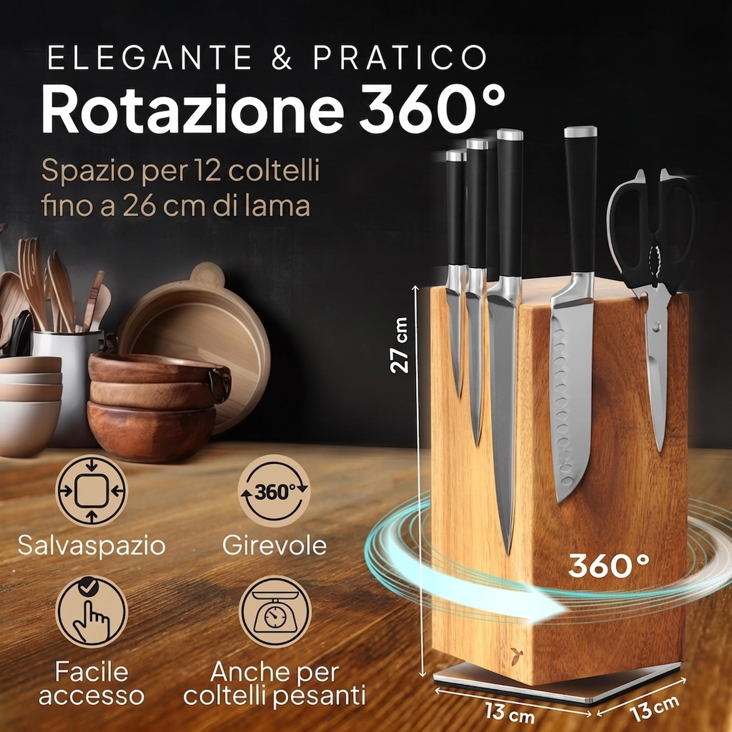 Blocco portacoltelli girevole a 360 gradi, magnetico, senza coltello, in legno di acacacia, universale, non equipaggiato, in legno di acacia, blocco magnetico rotante | Mahona