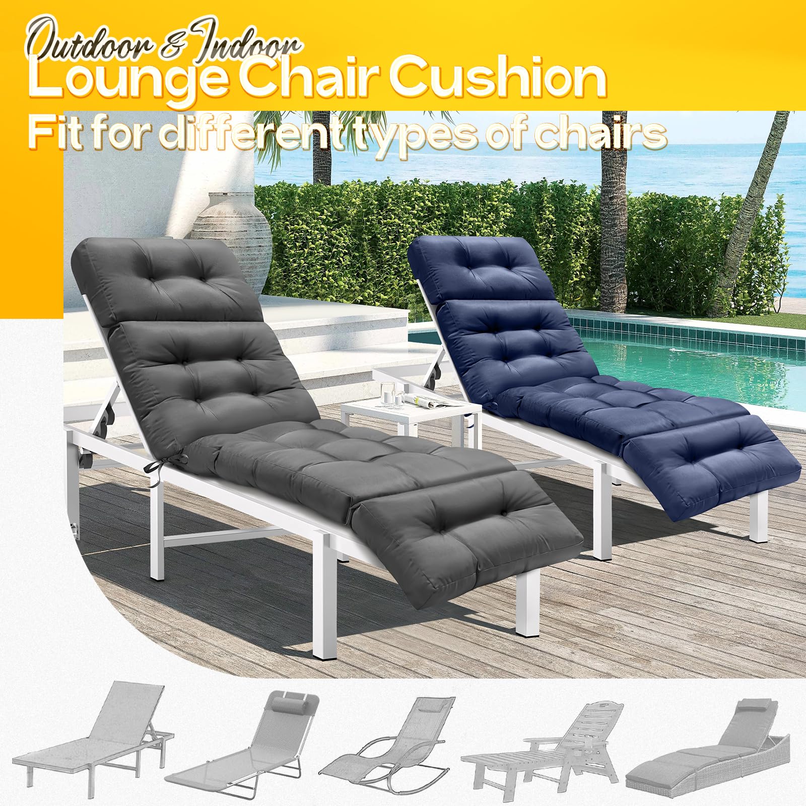 MAGIC ELEPHANT Coussin De Chaise Longue D'extérieur En Mousse à Mémoire De Forme Avec Attaches Pour Meubles D'intérieur Et D'extérieur – Coussin De Rechange Imperméable Pour Chaise Longue (bleu