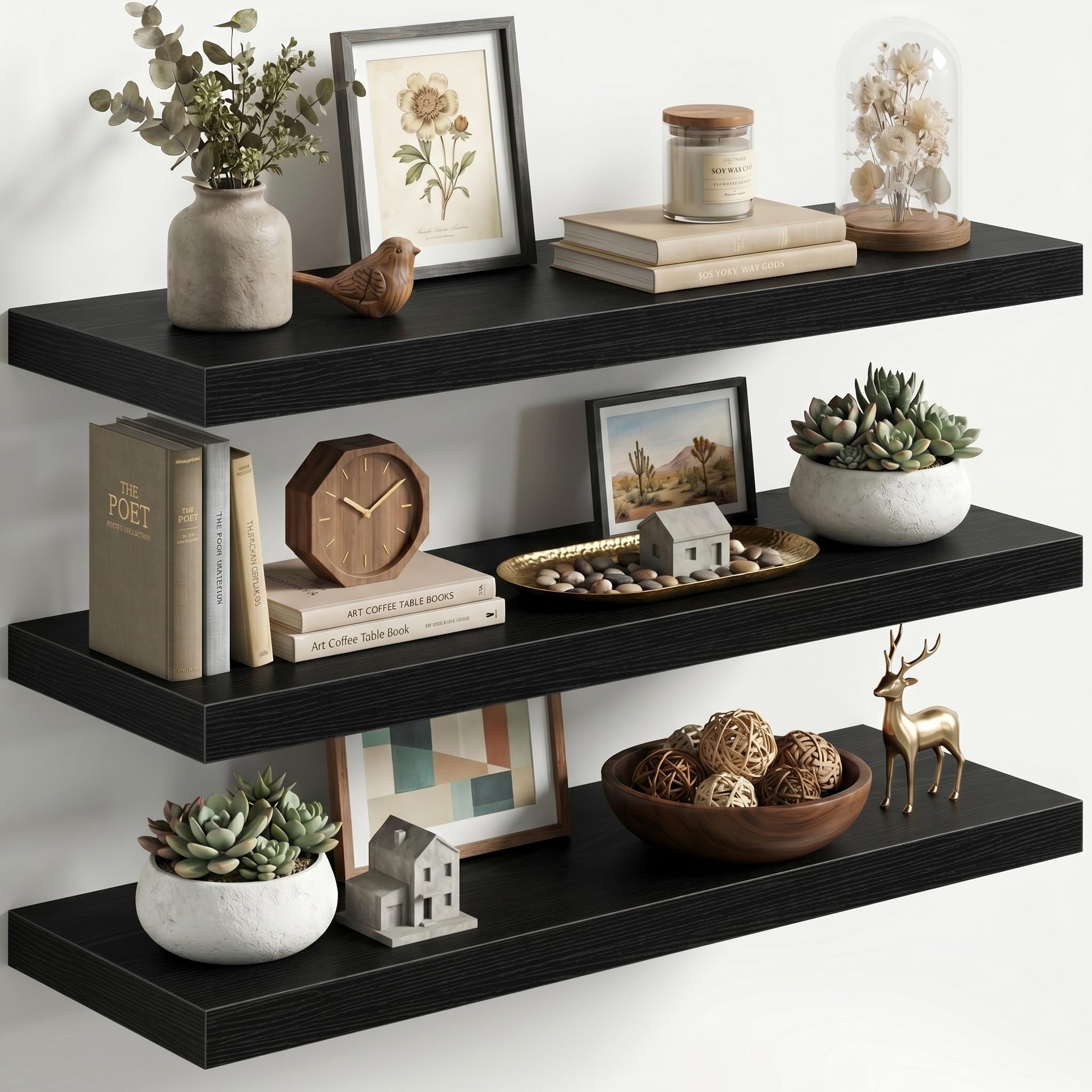 Fun Memories Floating Shelves for Wall, 3 Pack 36 Inch Long Floating Shelves, 36 x 12 Wooden Shelves for Wall, Large Storage Shelves, Hanging Shelves for Bathroom Bedroom Kitchen, Black