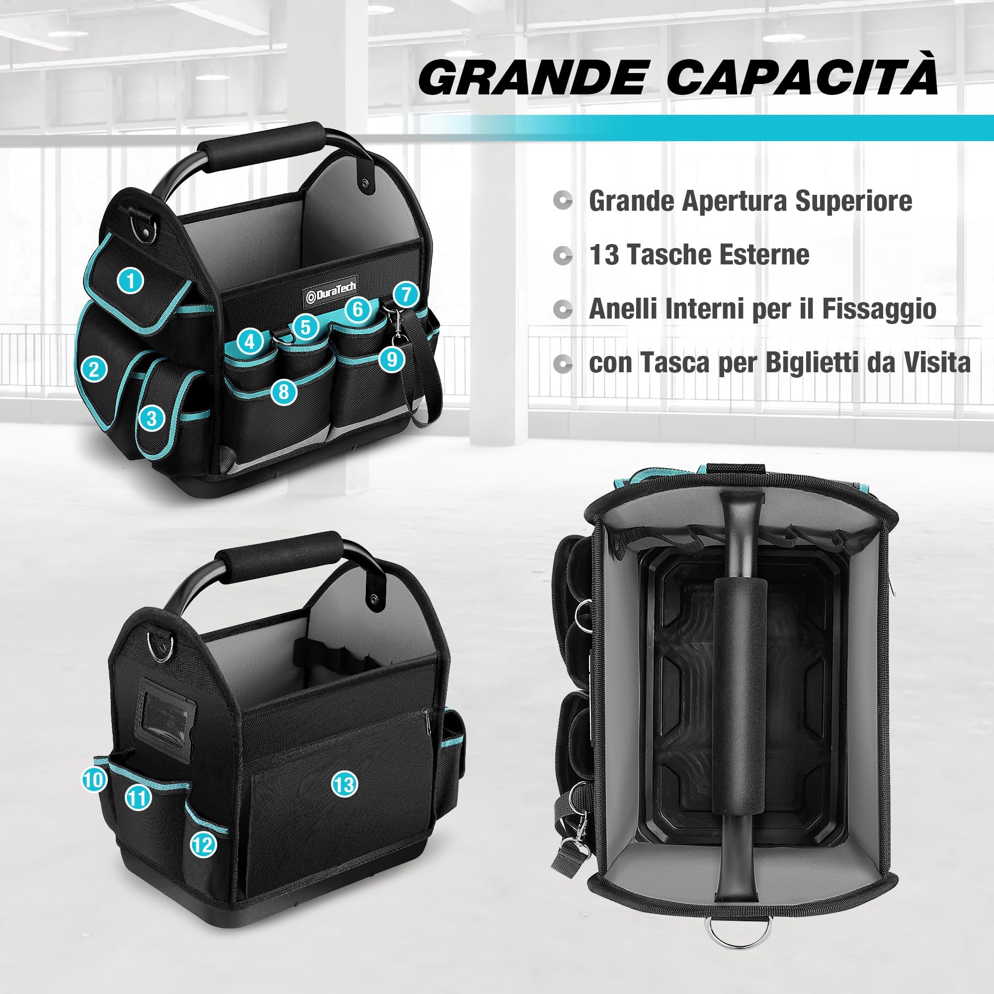 DURATECH Borsa Per Attrezzi Durevole da 30,5cm, Borsa Attrezzi con Base Impermeabile, Borsa Porta Attrezzi con Ampia Apertura, Poliestere 900d, Maniglia per il Trasporto, Tracolla Regolabile