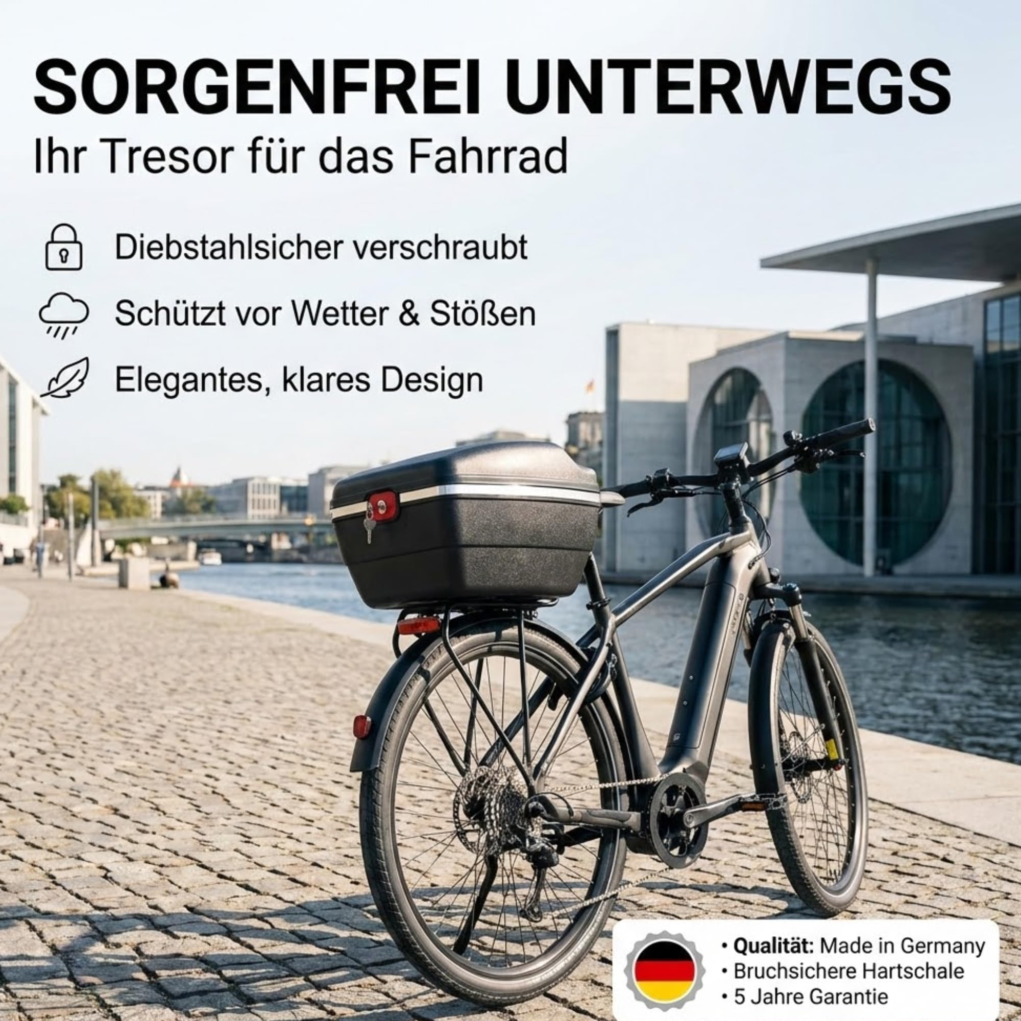 Thiru Touring-Tresor Fahrradkoffer 14L - abschließbar & wasserdicht für Gepäckträger - diebstahlsichere Hartschale mit Universalhalterung für E-Bike & City-Bike - Made in Germany - 36x27x22 cm