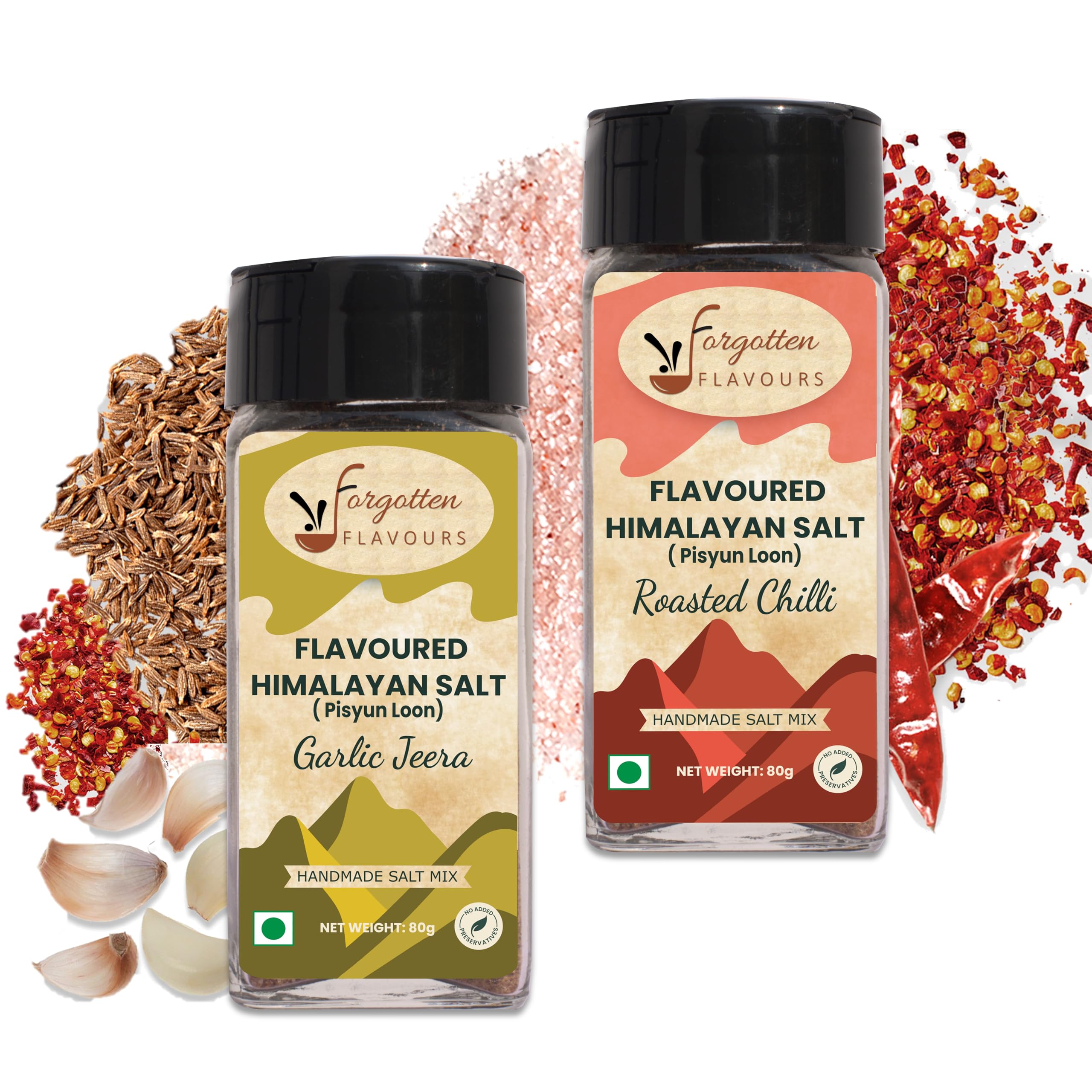 Flavoured Pahadi Salt | Authentic Pahadi Pisyun Loon | Made on Silbatta | Himalayan Mixed Salts | No Added Preservatives (Combo of 2 - Garlic Jeera, Roasted Chiili)