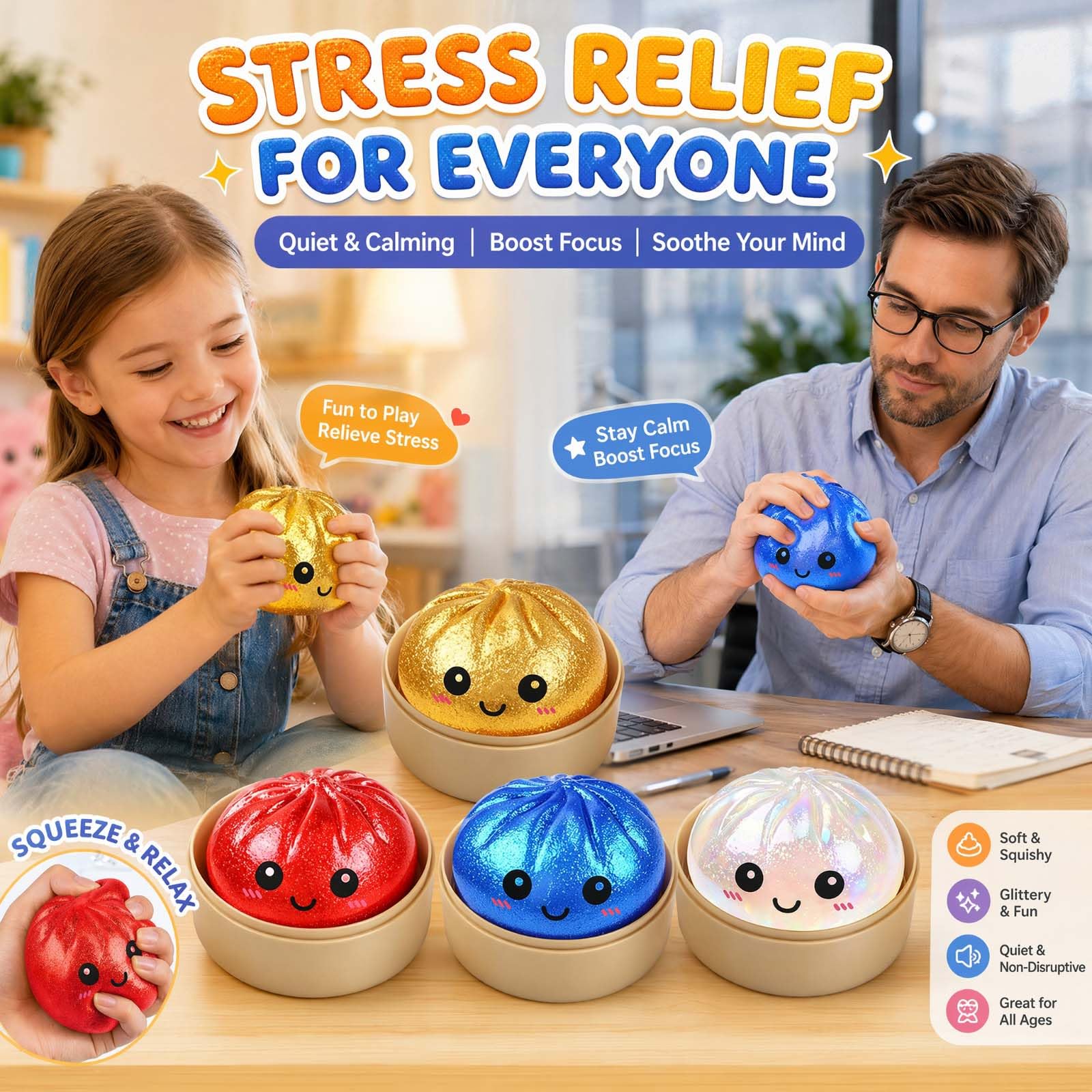 4 Stück Dumpling Squishy Mystery, Glitter Dumpling Squishy Mystery | Glitter Dumpling Squishy Mystery für Anti Stress Spielzeug, Dumplings Squishys XXL Mit Freunden