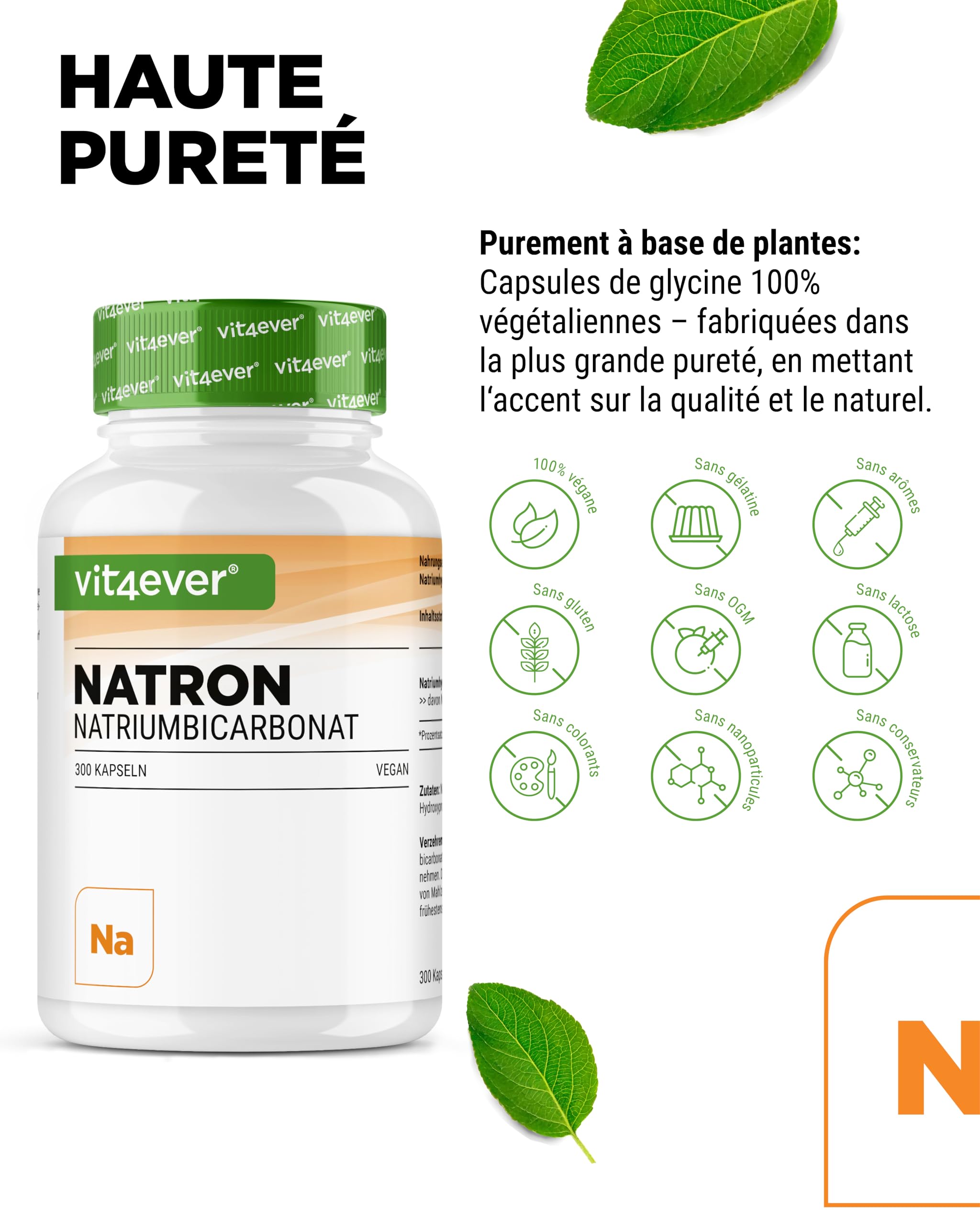 vit4ever Gélules de Bicarbonate de Sodium 1000 mg - 300 Gélules - Bicarbonate de Sodium Hautement Dosé - Vegan, Sans Additifs Inutiles