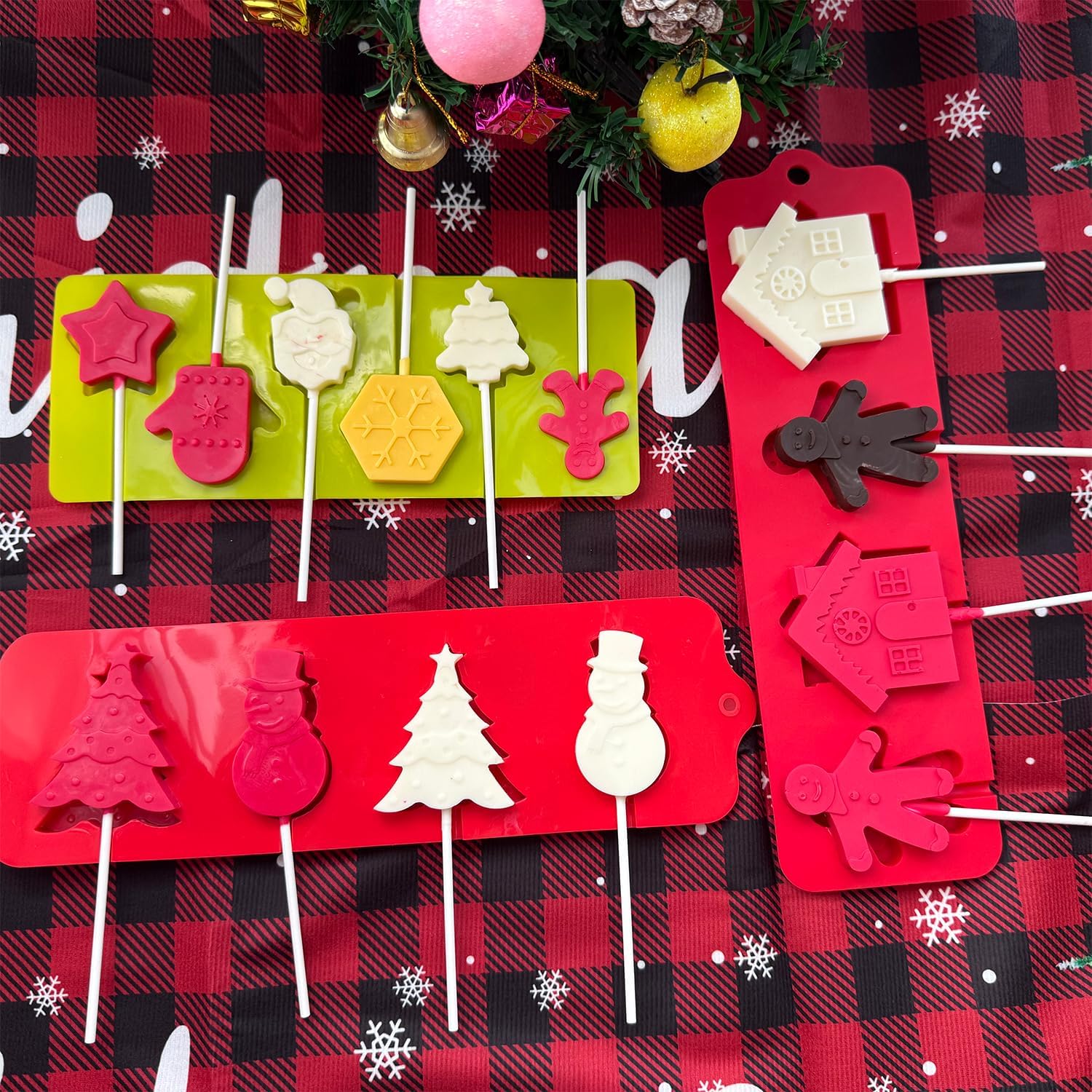 Christmas Lollipop Molds, 3 Pack Christmas Candy Chocolate Molds with Gingerbread Christmas Tree Snowflake Santa Face Lollipop Mold Xmas Lolly Pop Sucker Molds Hard Candy Mold with 100 Lollipop Sticks