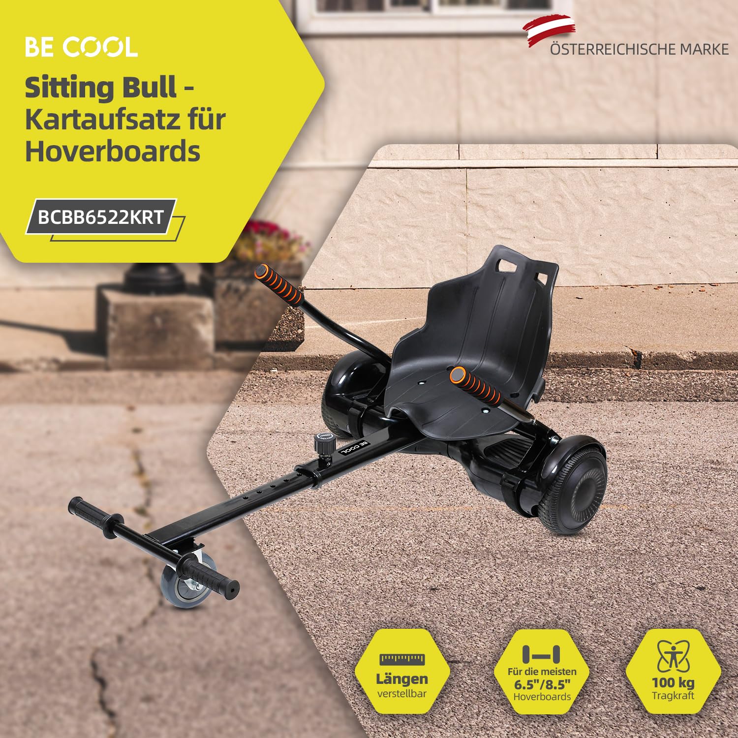 BE COOL Sitting Bull Kart Fixation pour hoverboard Siège universel Longueur réglable 68-90 cm Charge maximale 100 kg Compatible avec Hoverboards 6,5" & 8,5"