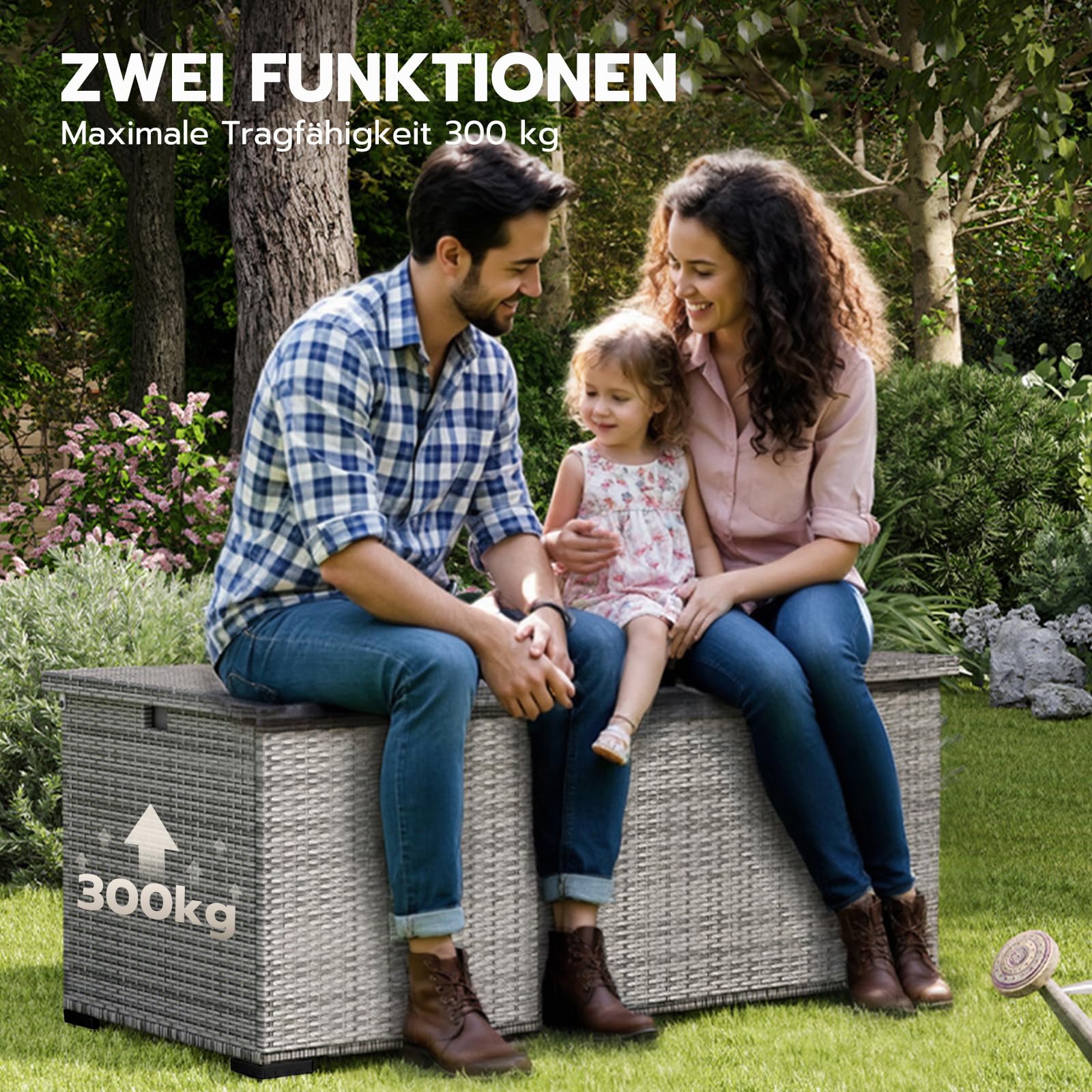 Amopatio Gartenbox Auflagenbox wasserdicht 650 Liter, Kissenbox outdoor aus Polyrattan, Aufbewahrungsbox Metall mit Gasdruckfedern, Gartenkiste wetterfest für Garten, Balkon, (Grau)