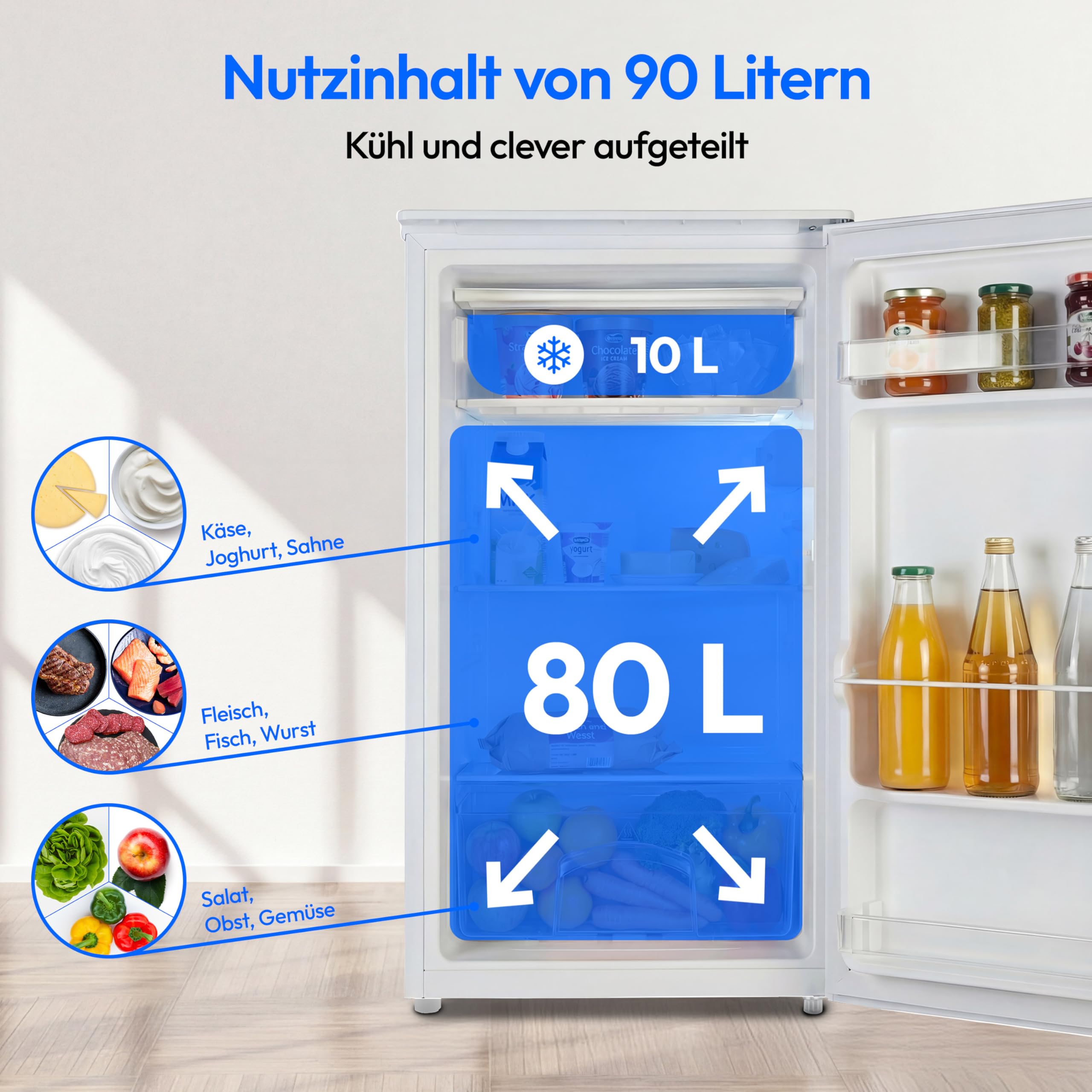 MEDION Kühlschrank mit Eiswürfelfach (90L Gesamt-Nutzinhalt 80L Kühlteil 10L Eiswürfelfach, transparente Gemüseschublade, freistehend, wechselbarer Türanschlag, höhenverstellbare Füße, MD37690)