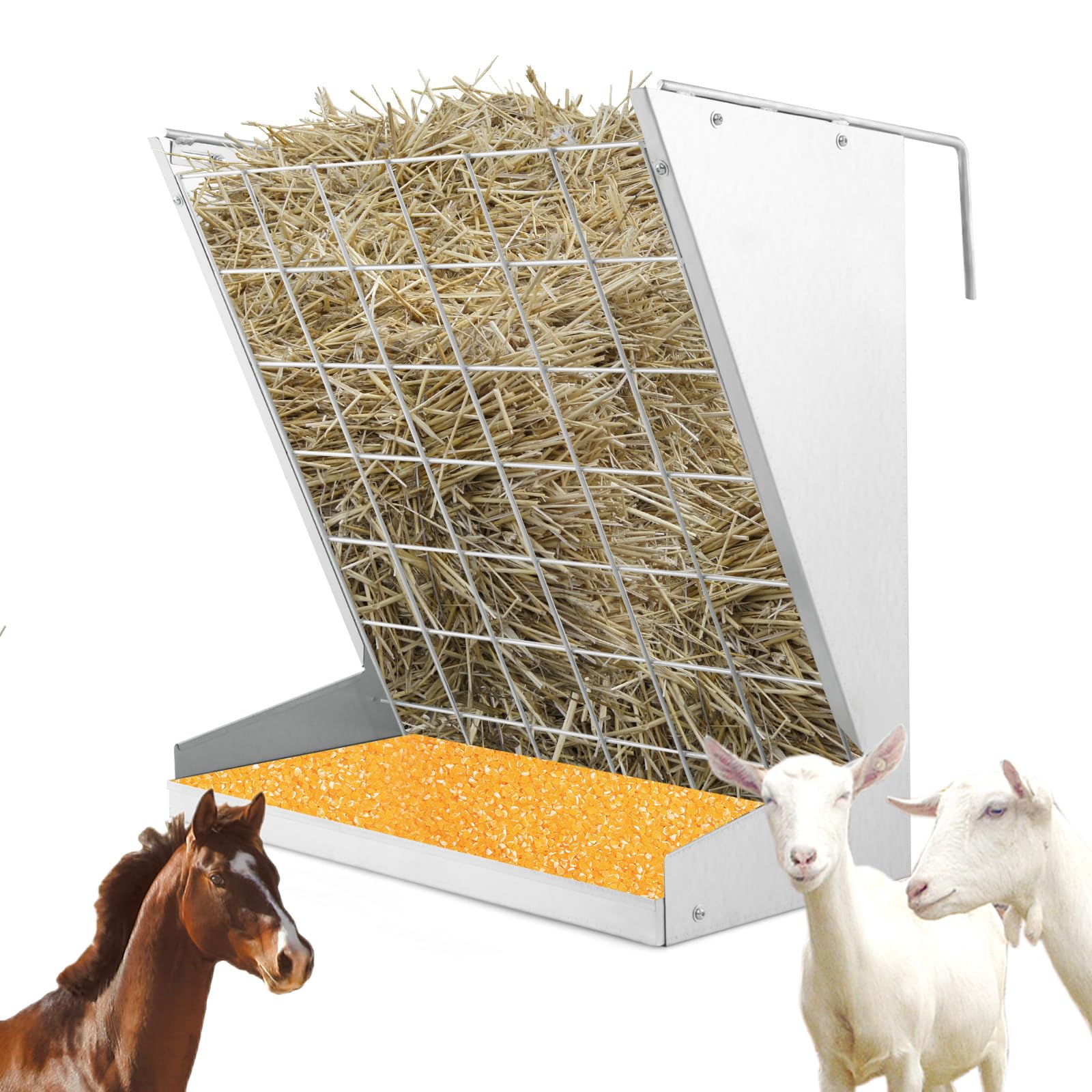 GYMAX Hängende Futterraufe 109L, Heuraufe für Heu & Getreide, Futterspender mit Futterspargitter & verstellbaren Haken, Futterstation für Ziegen, Schafe & Pferde, 71 x 32,5 x 68 cm