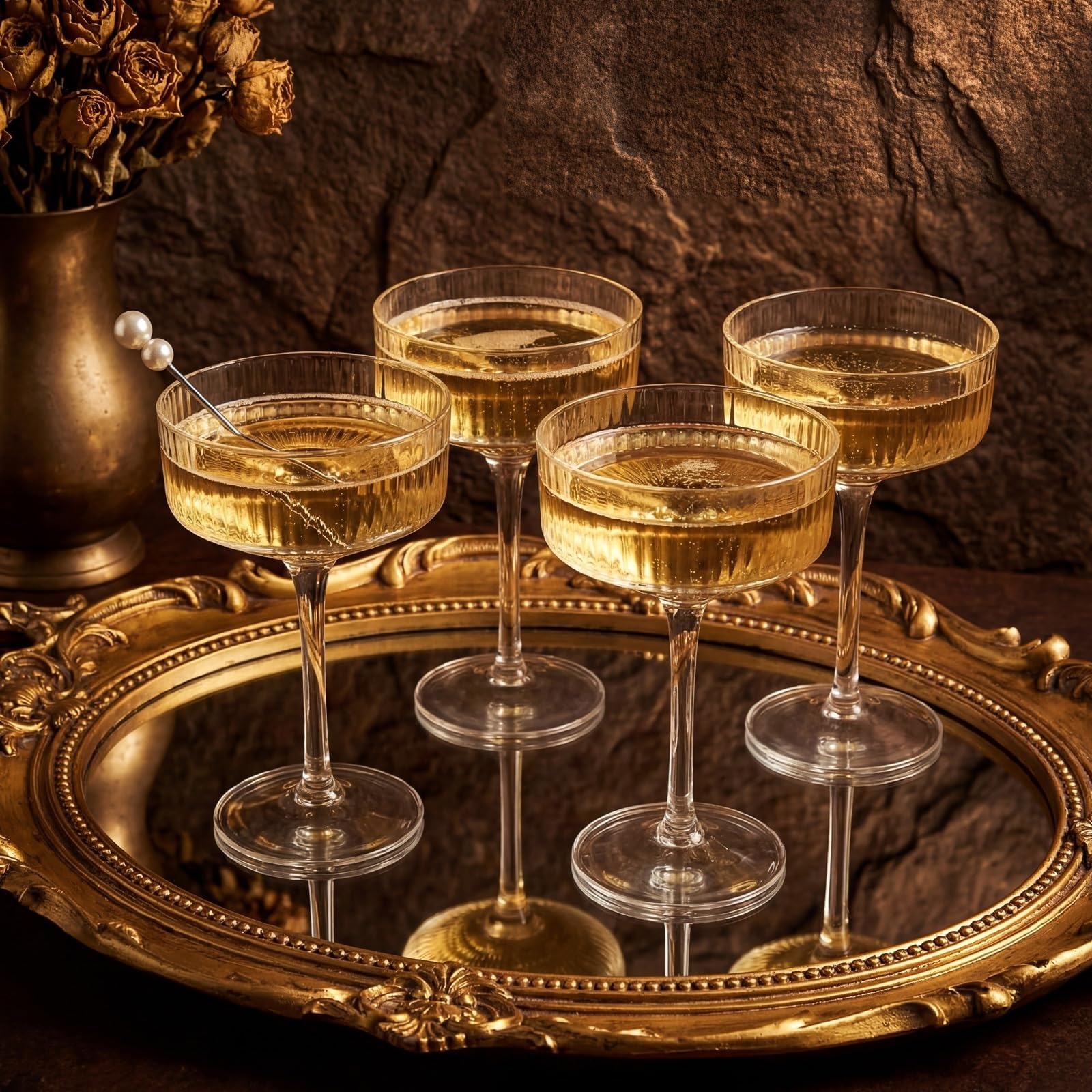 Juego de 6 copas cupé acanaladas Champagne Tower de 8 oz, copas de Martini clásicas transparentes for bodas, fiestas de cumpleaños y bares Vaso para bebidas