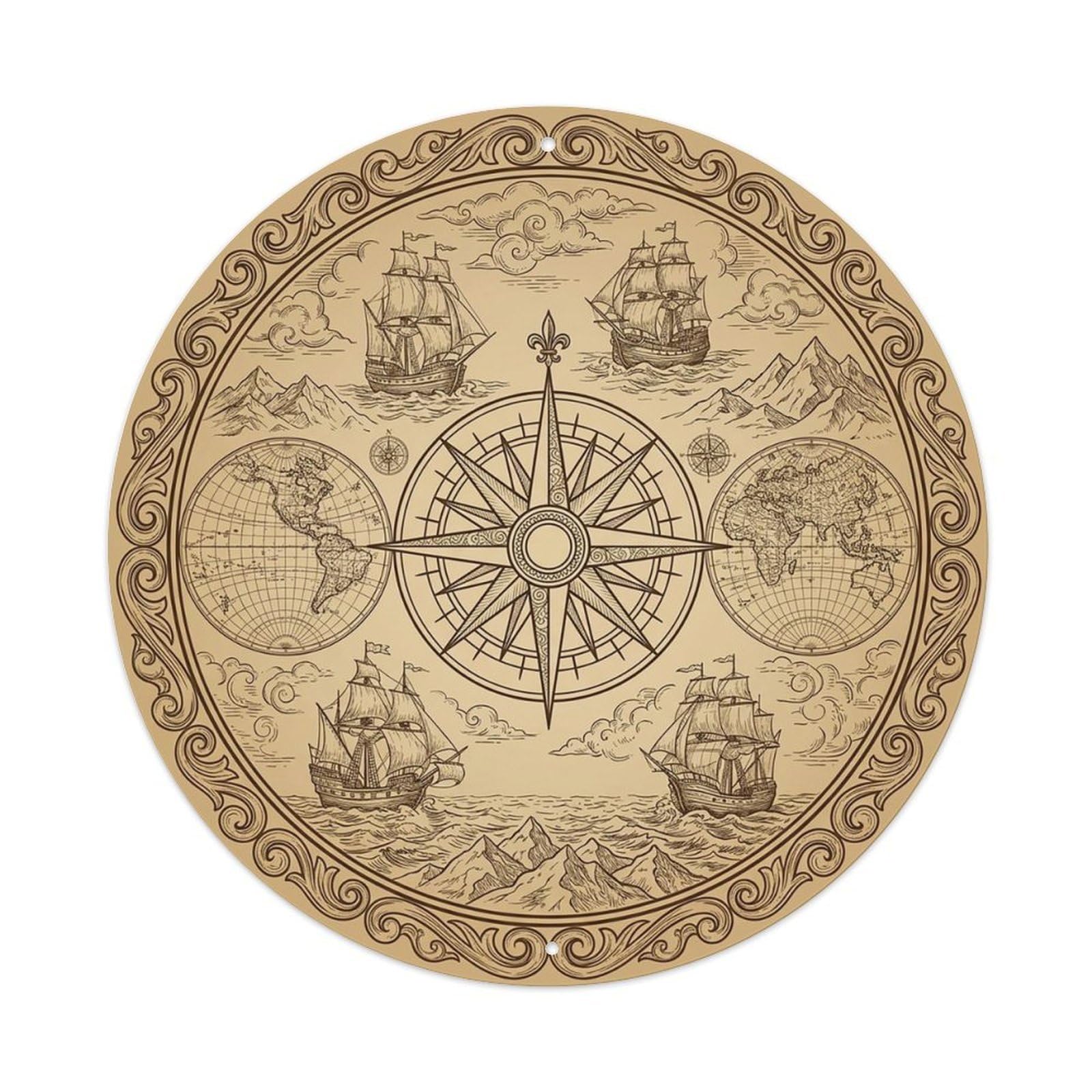 Vintage Nautical Compass World Map Seamark Legacy Metal Tin Sign