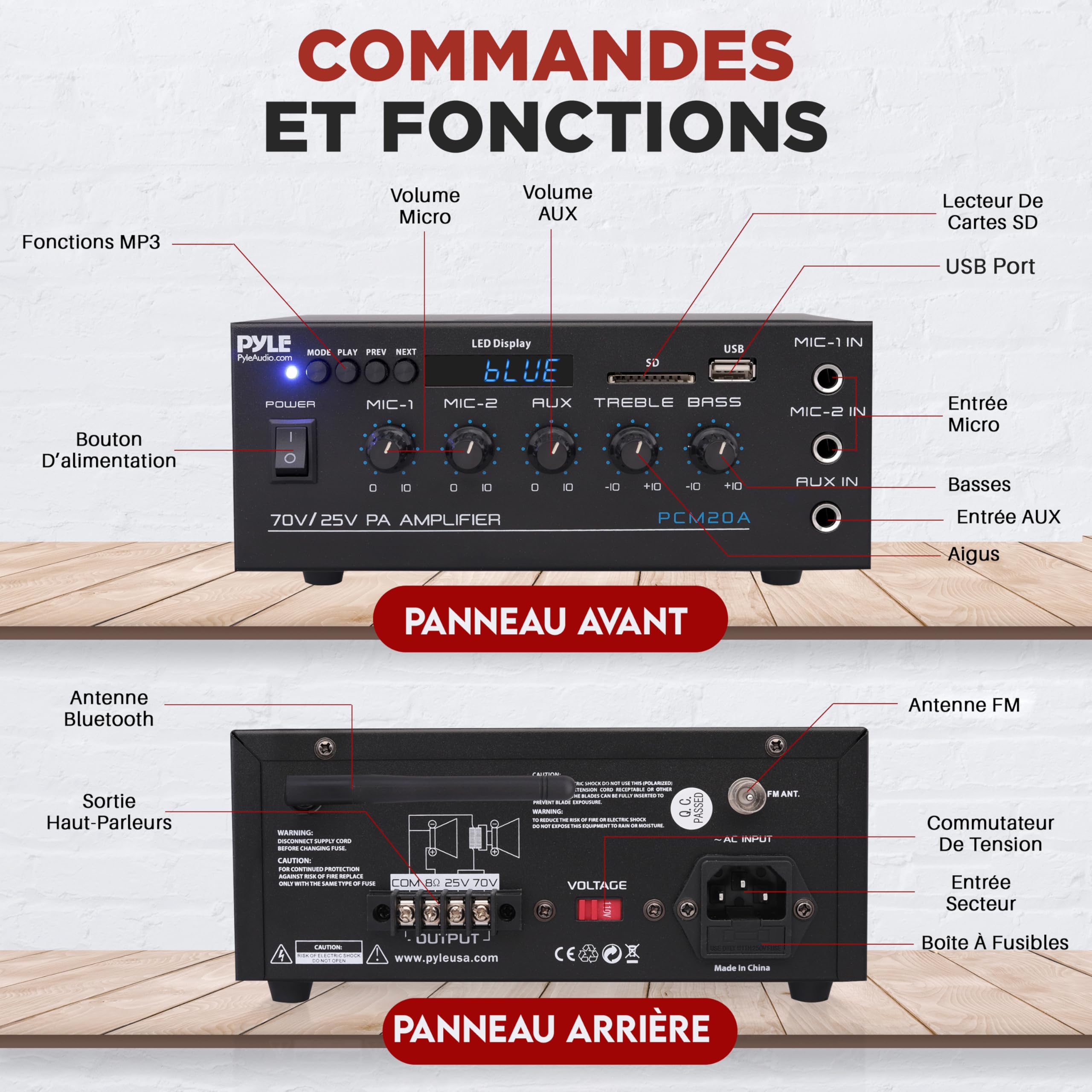 Pyle – Amplificateur Audio Compact 40 W Bluetooth pour Maison et PA, Entrée AUX, 2 Entrées Micro avec Talkover, Sorties Haut-Parleurs 8 Ohms / 25 V / 70 V, Réglages Graves/Aigus